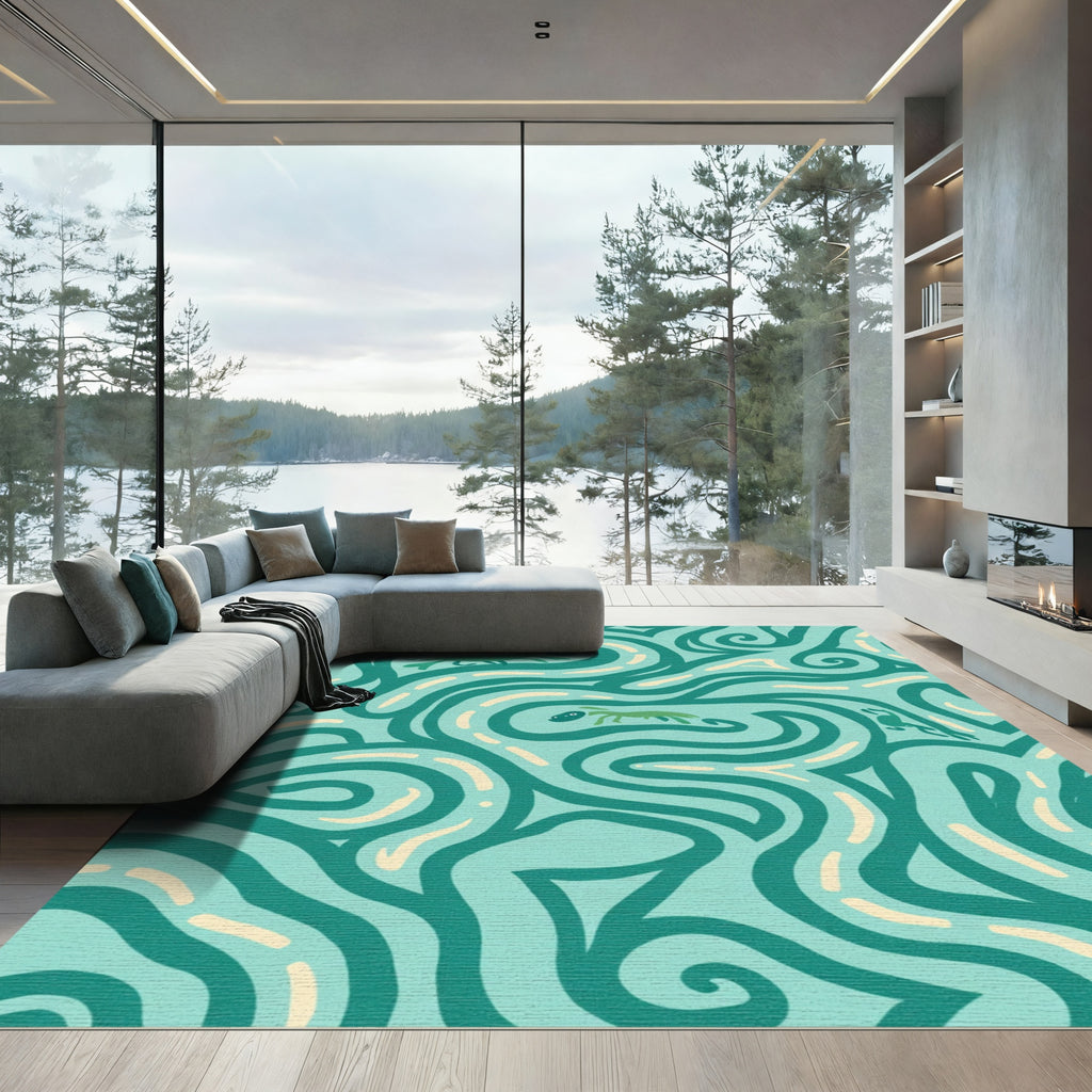 Whimsical Teal Creature Swirls Rug