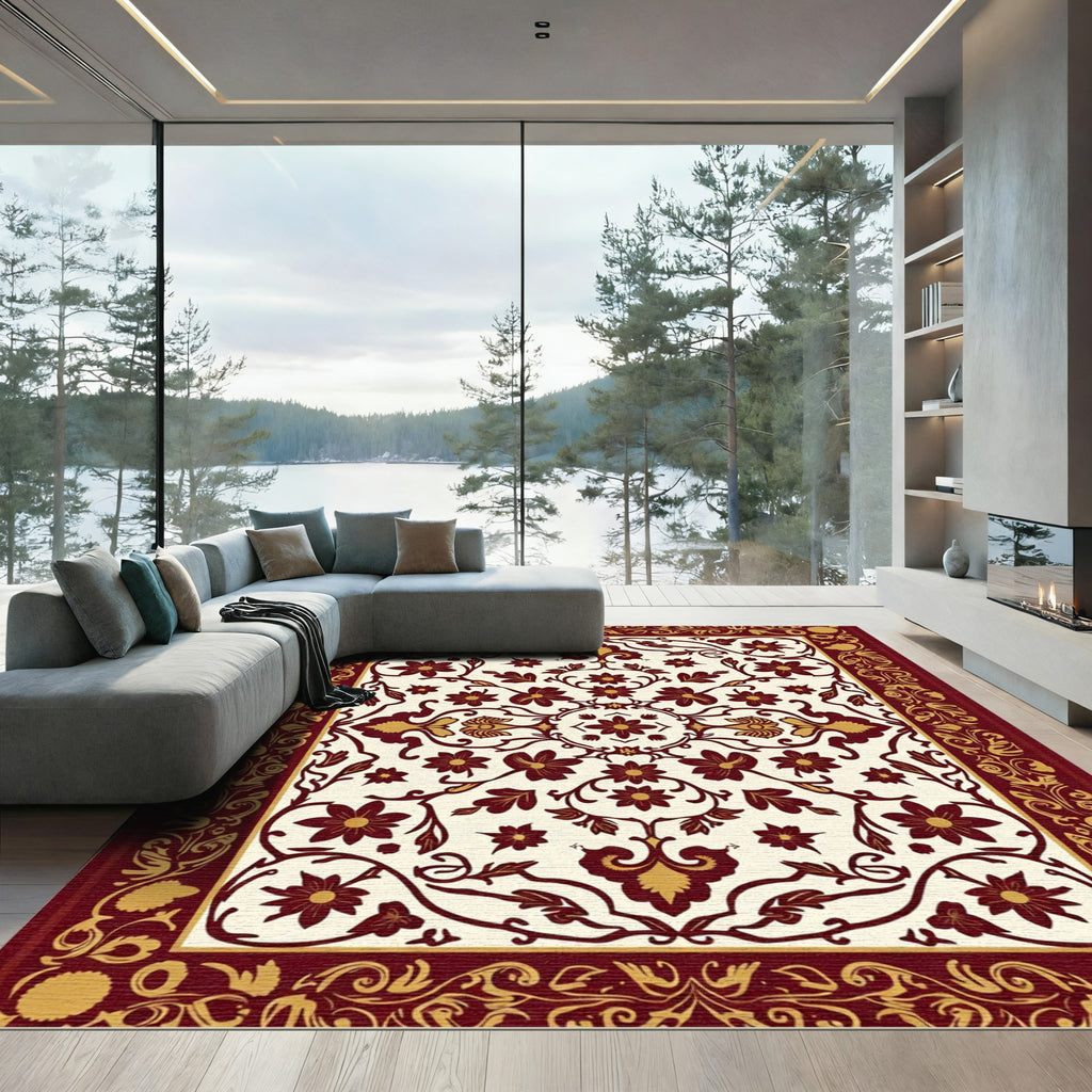 Rich Crimson Floral Scrollwork Accent Rug