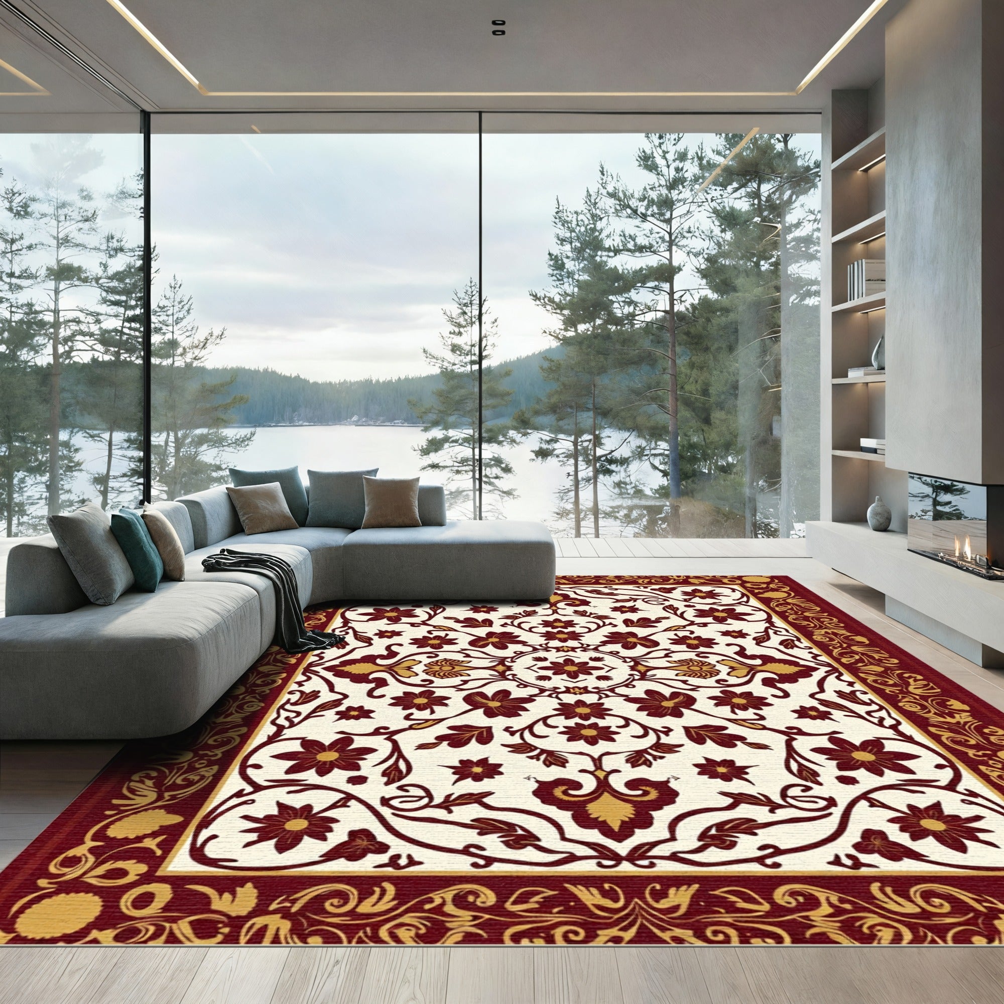 Rich Crimson Floral Scrollwork Accent Rug