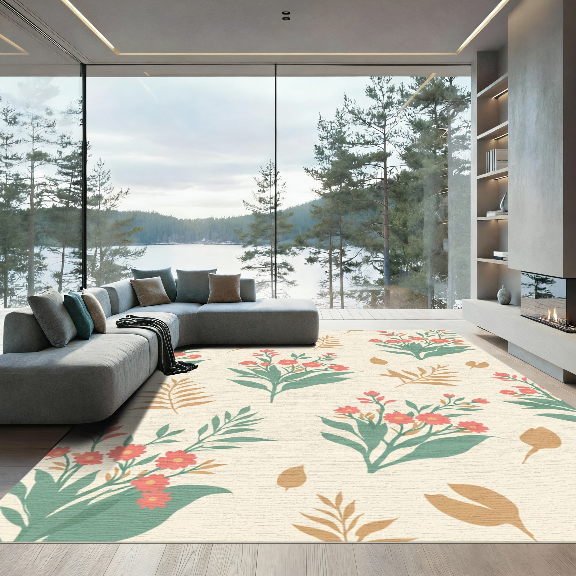 Coral Blossoms on Cream Backdrop Rug