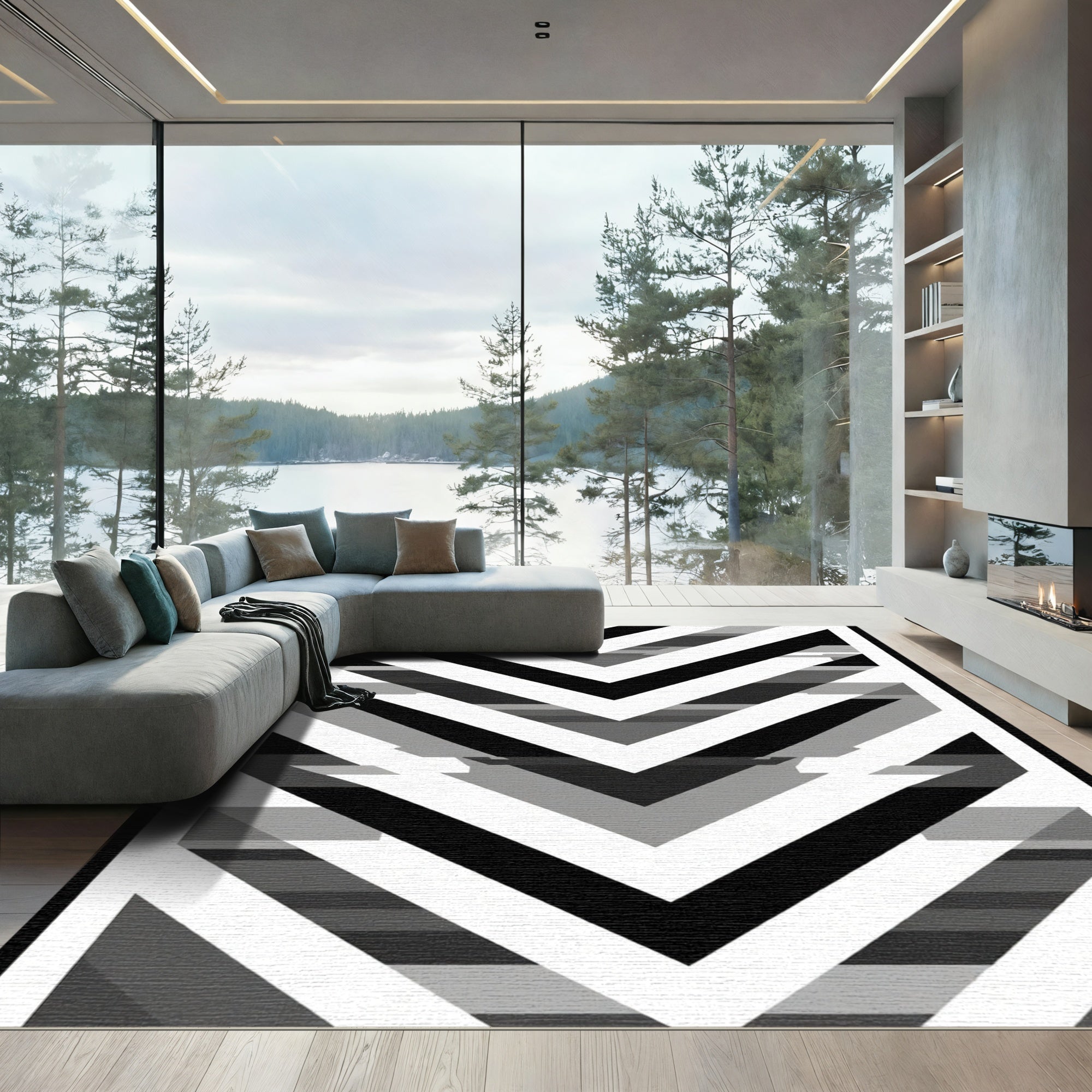 Monochromatic Chevron Geometric Overlay Rug