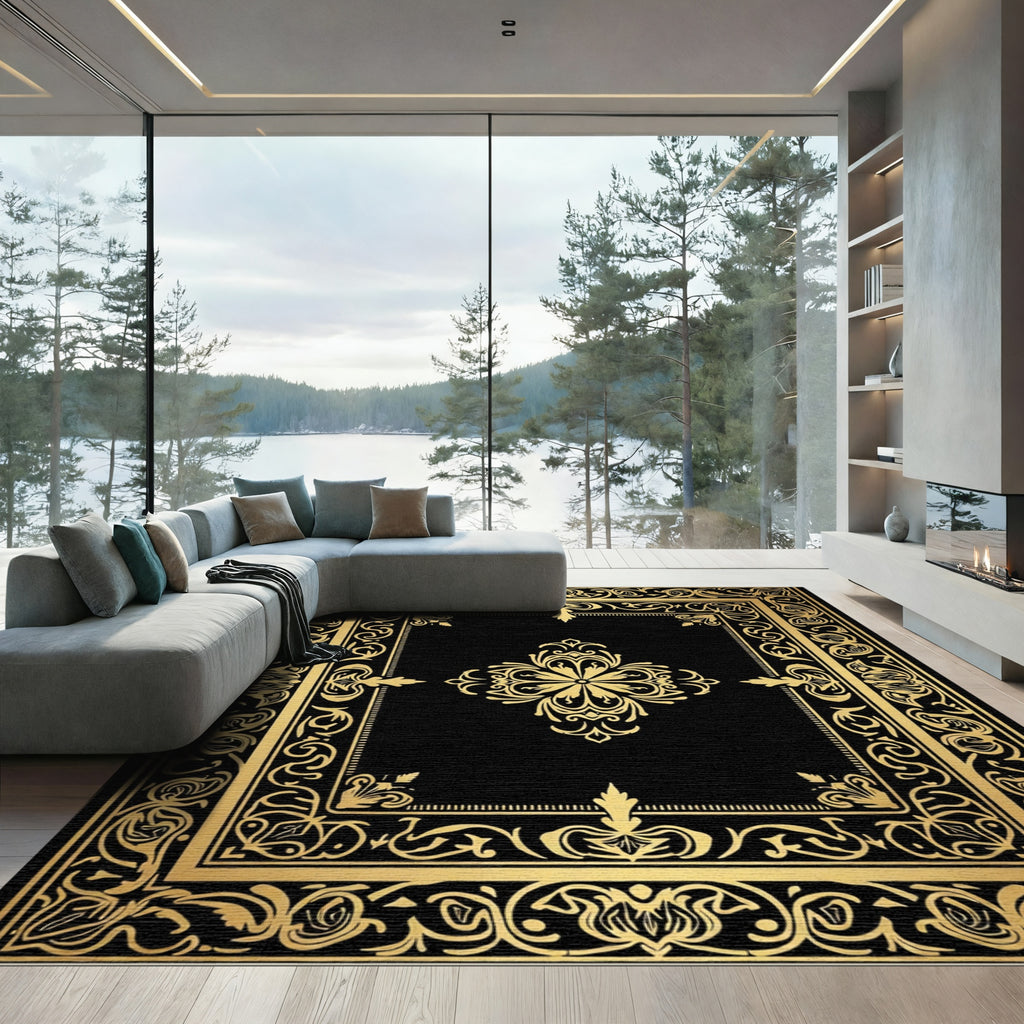 Elegant Black Gold Floral Medallion Rug