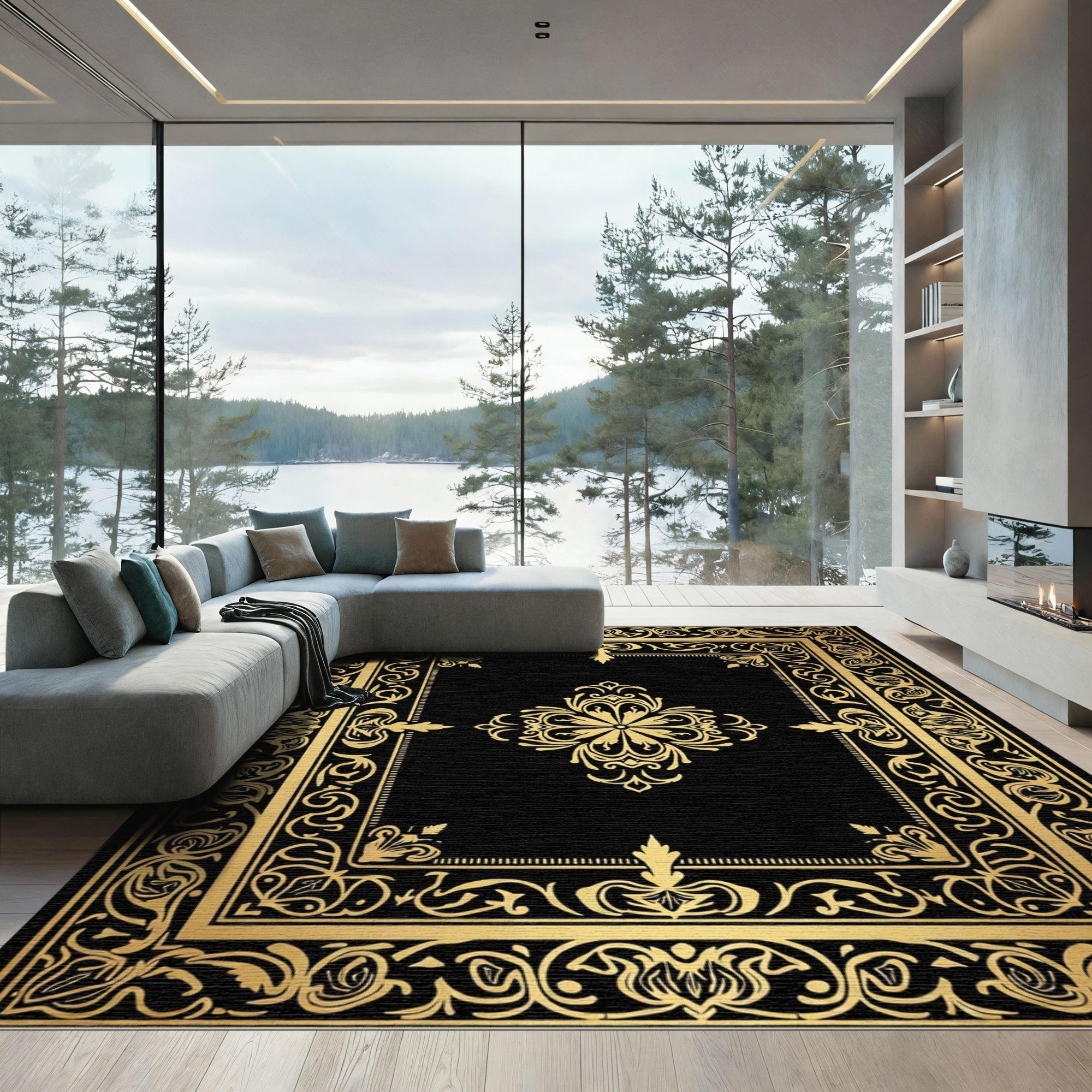 Elegant Black Gold Floral Medallion Rug