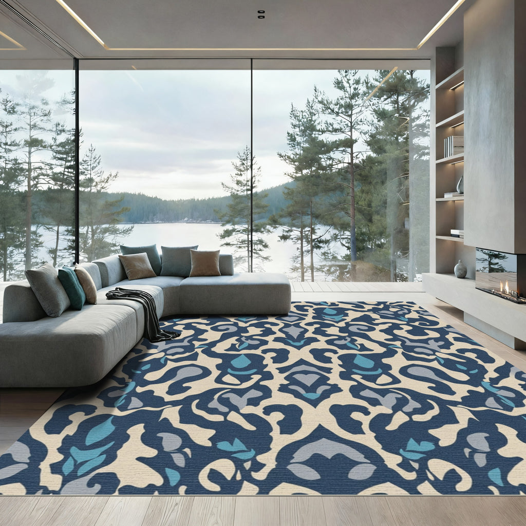 Navy Blue Cream Organic Floral Rug