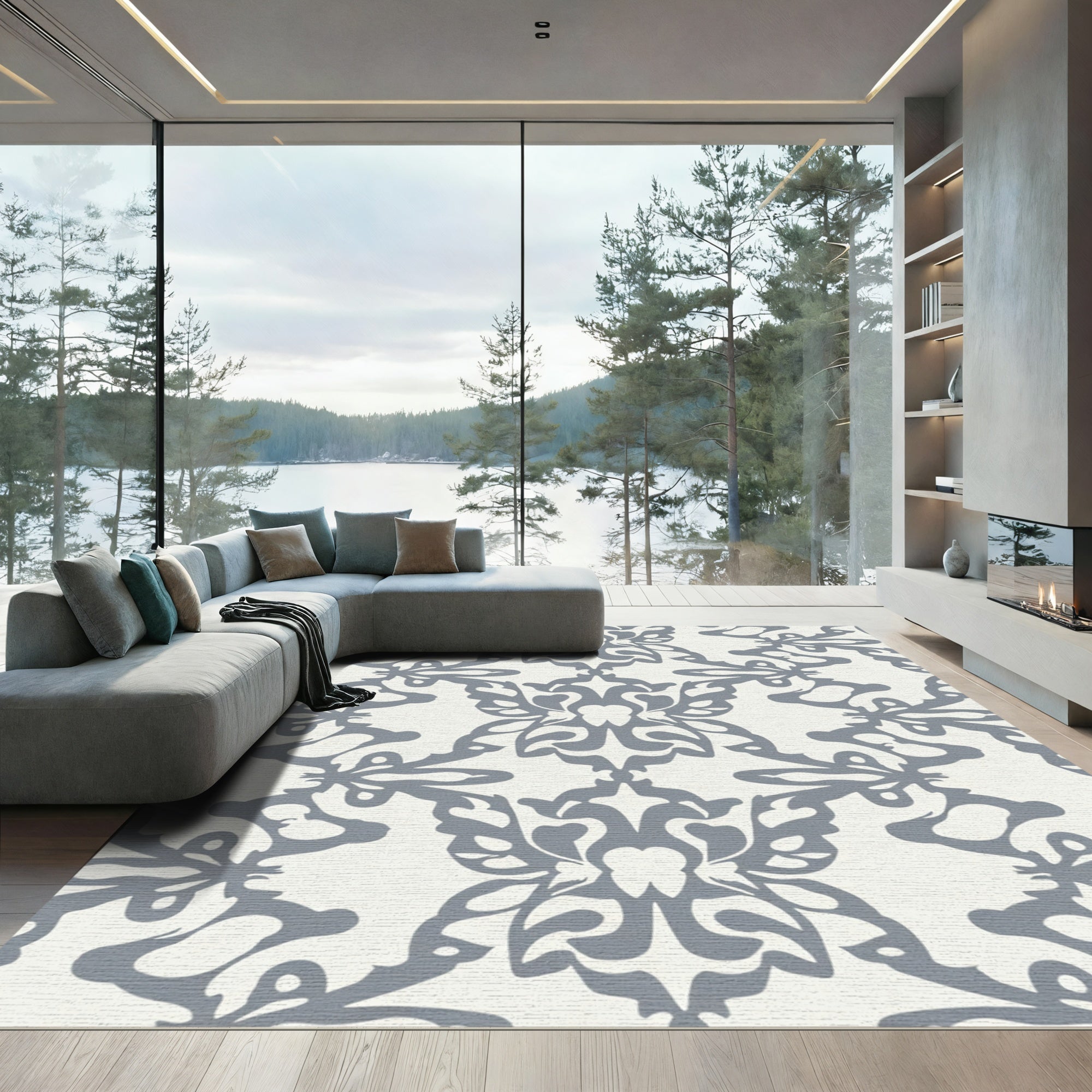 Gray Damask Floral Trefoil Rug