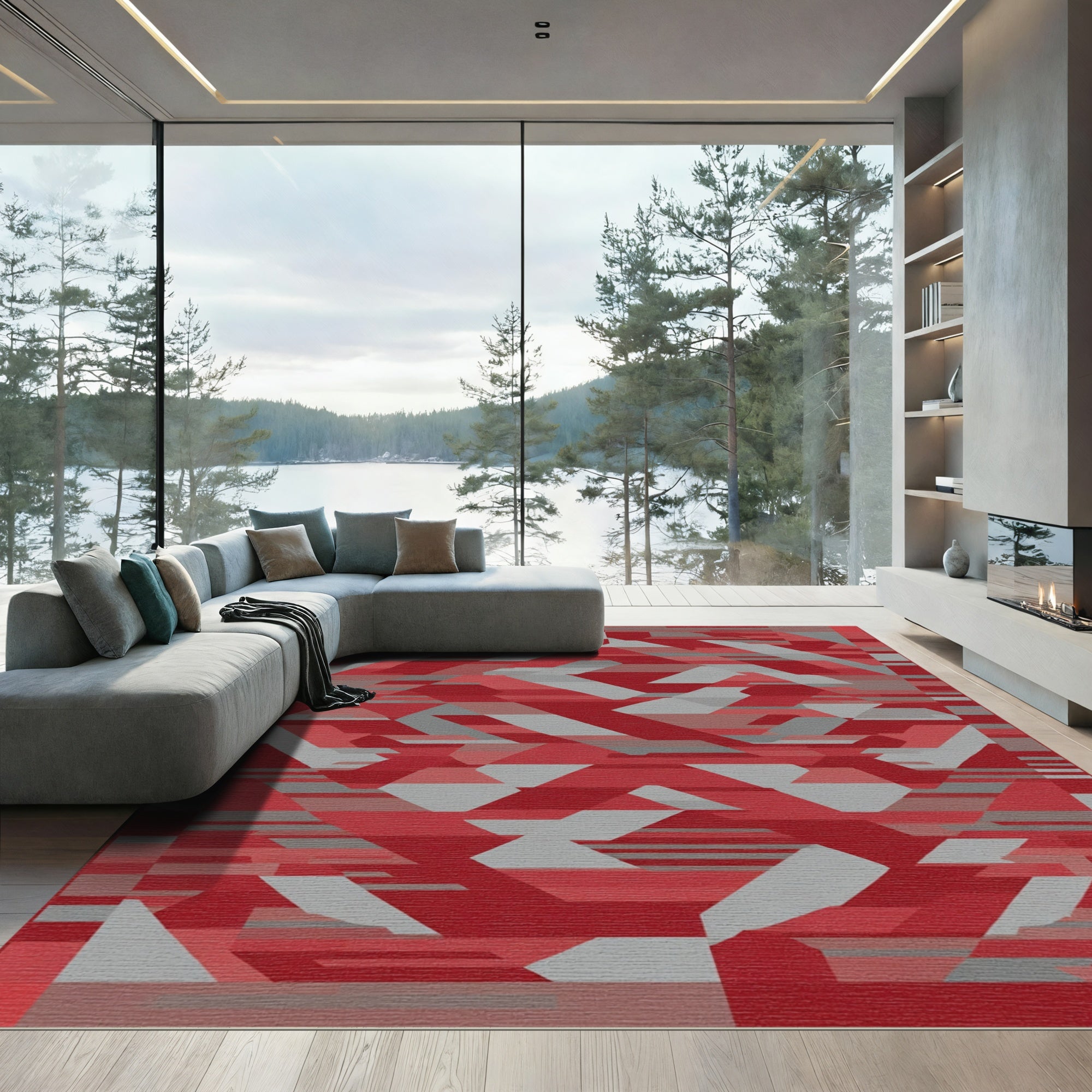 Red Gray Geometric Fragment Rug