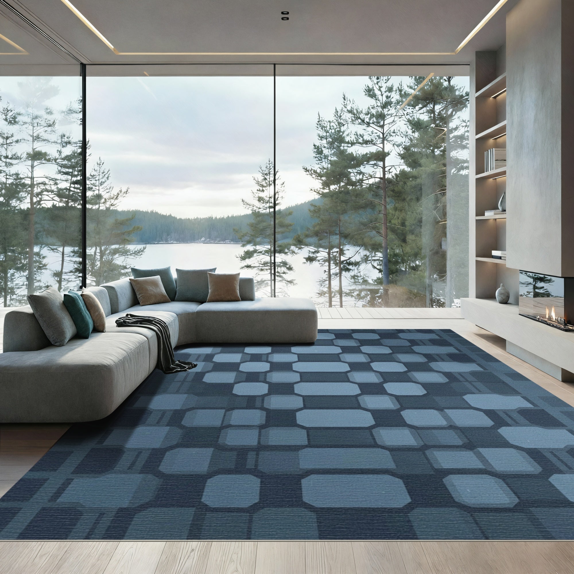 Modern Blue Octagon Grid Rug