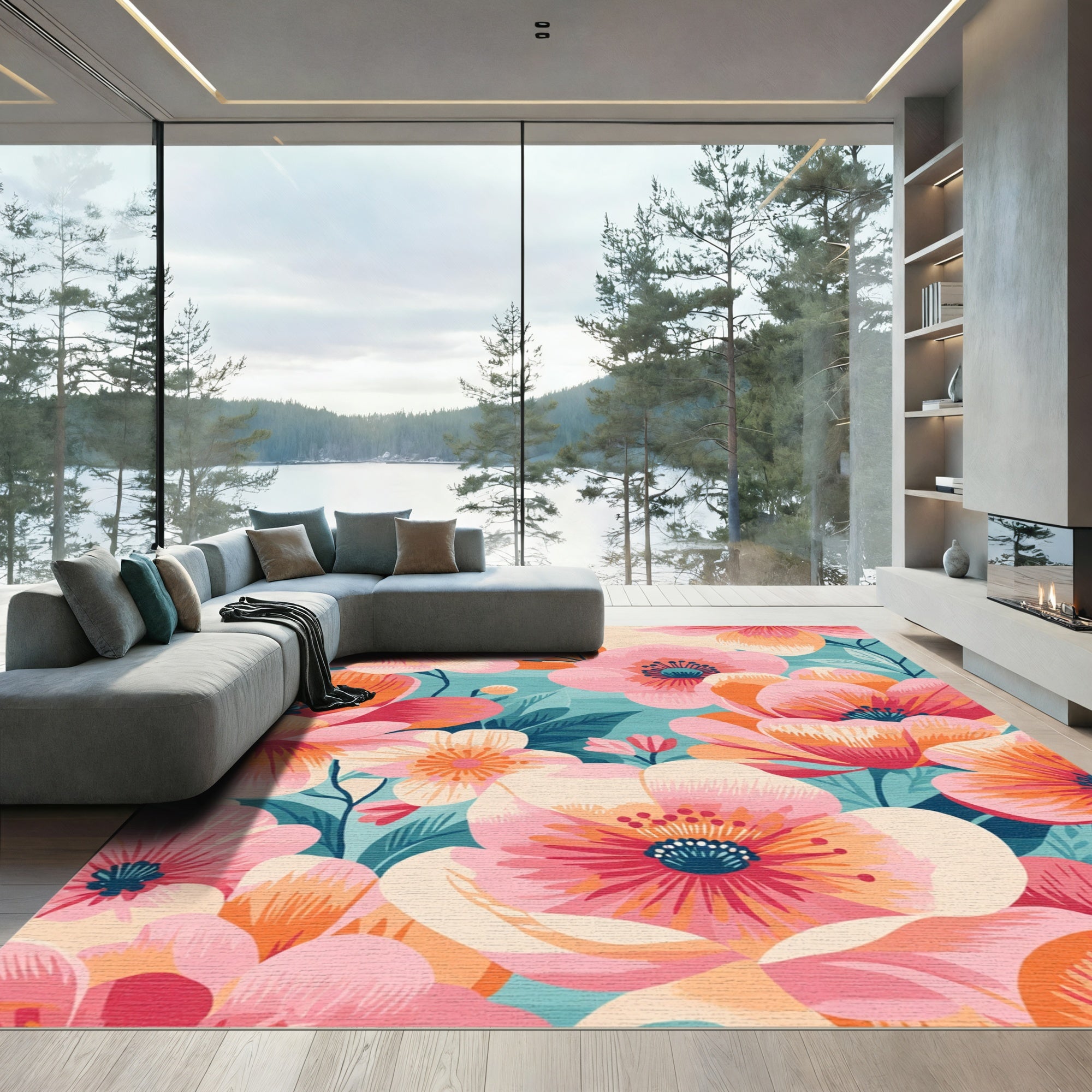 Vibrant Pink Orange Floral Garden Rug