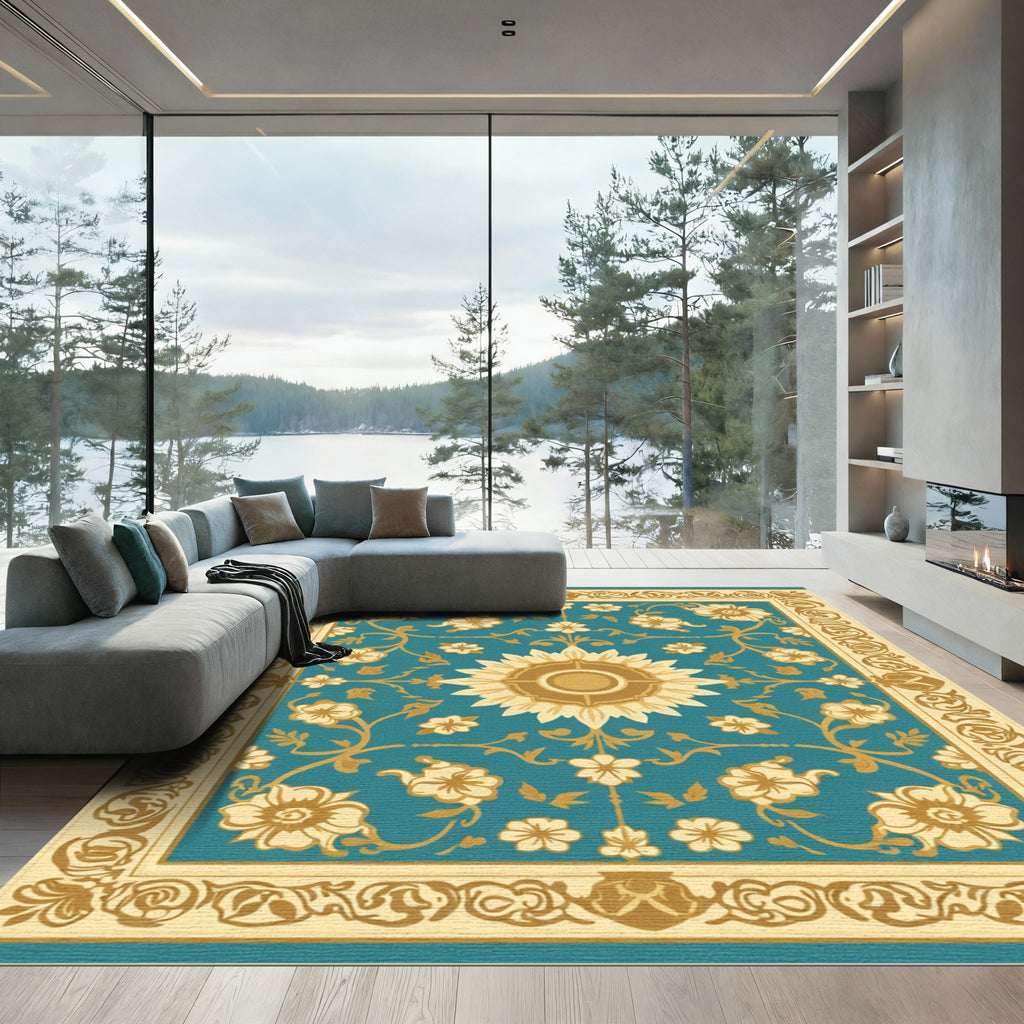 Golden Teal Floral Medallion Border Rug