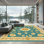 Golden Teal Floral Medallion Border Rug