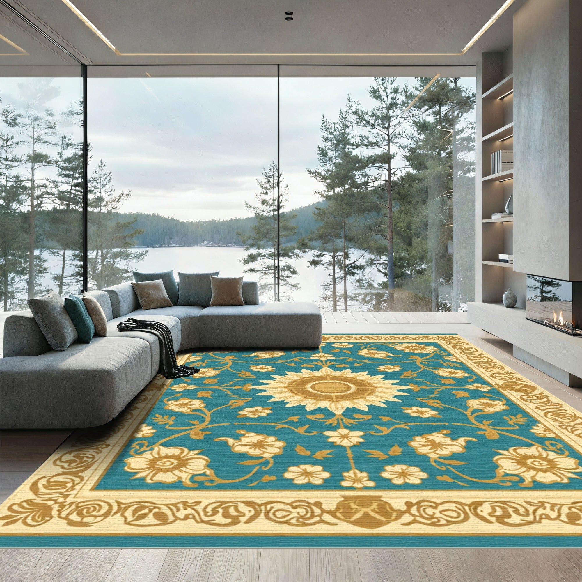 Golden Teal Floral Medallion Border Rug