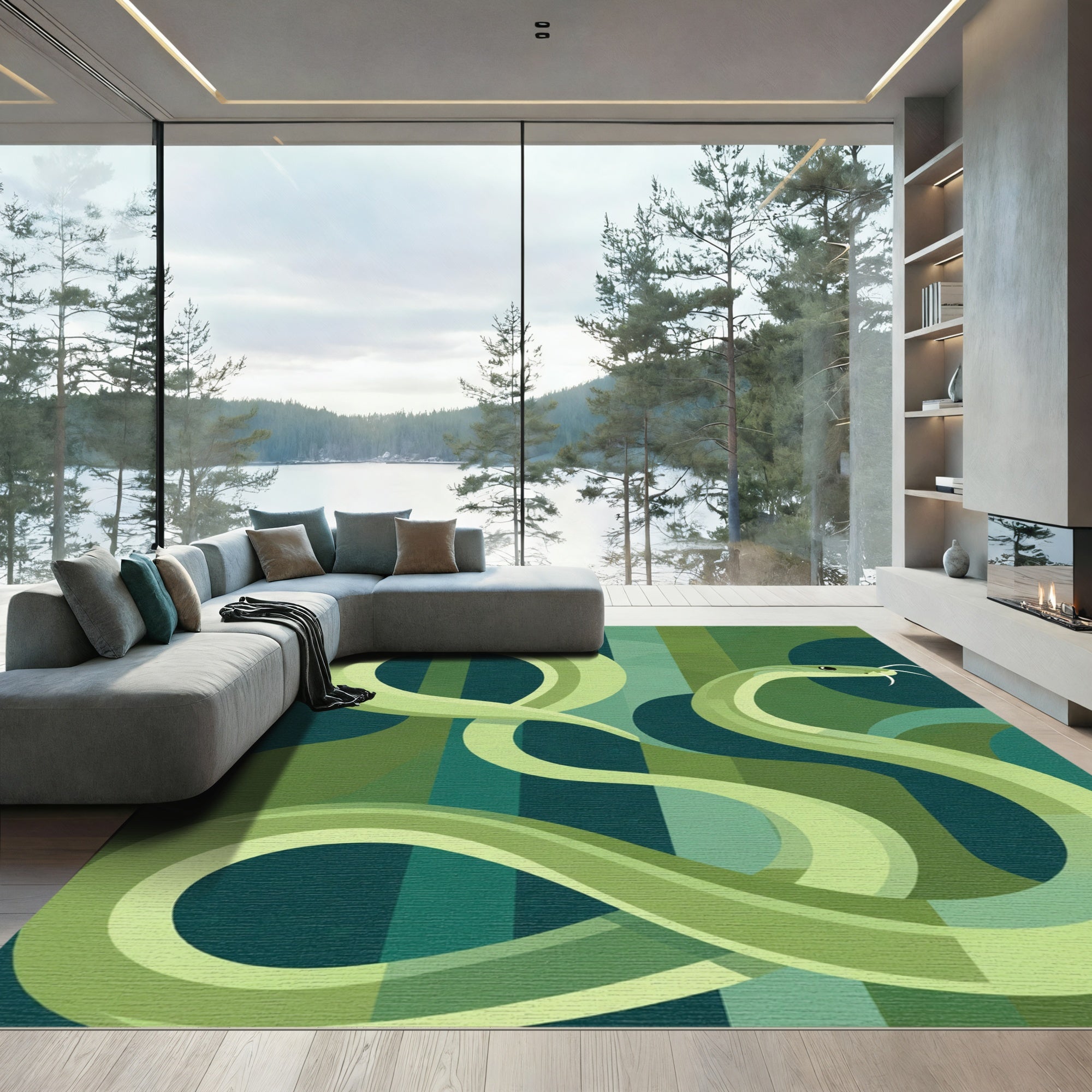 Emerald Green Abstract Snake Ribbons Rug