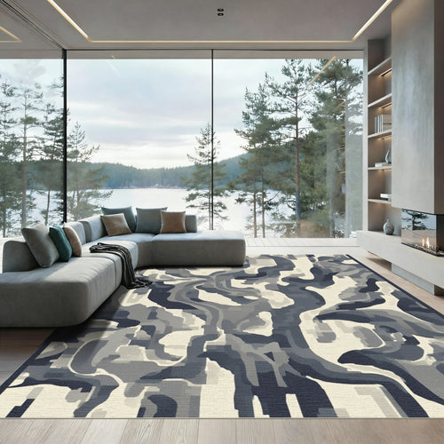 Abstract Dark Gray Swirls Cream Rug
