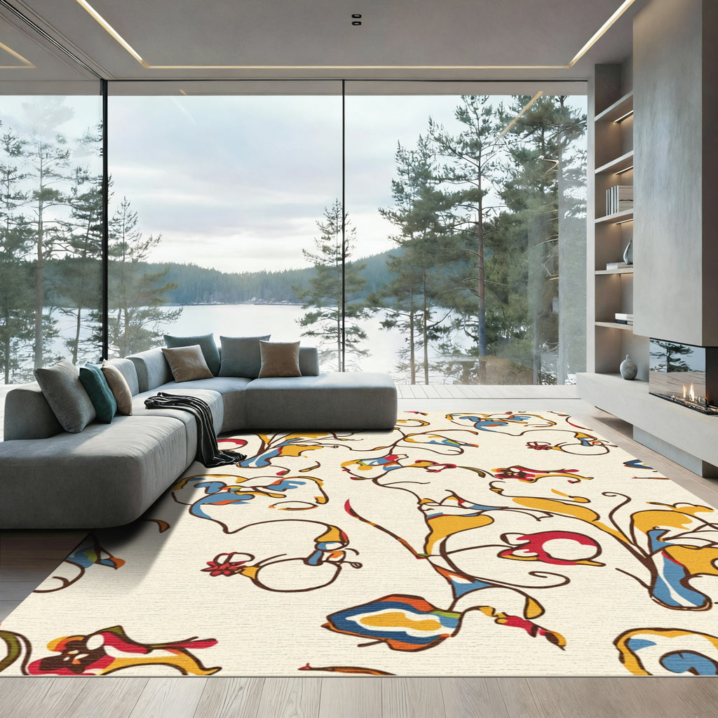 Abstract Red Blue Yellow Floral Swirls Rug