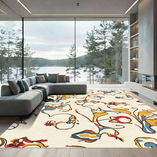 Abstract Red Blue Yellow Floral Swirls Rug