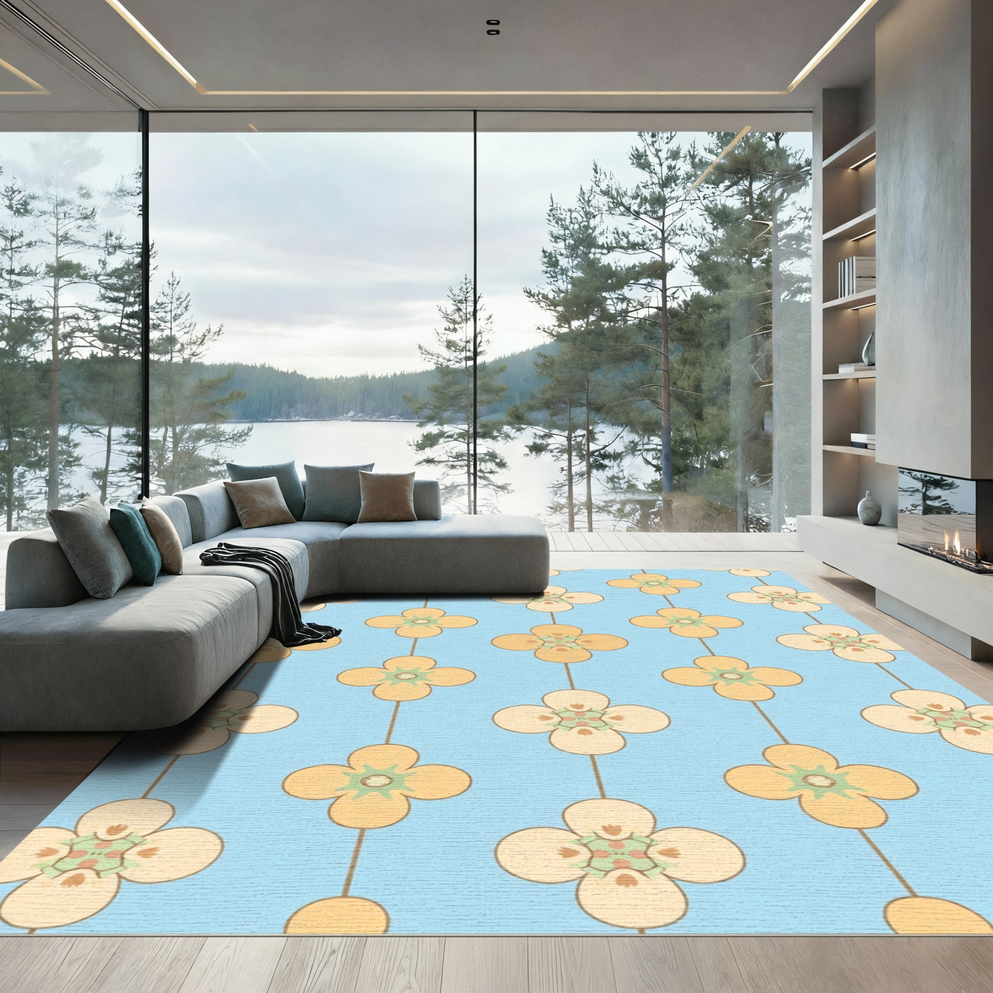 Yellow Flower Chain Blue Rug