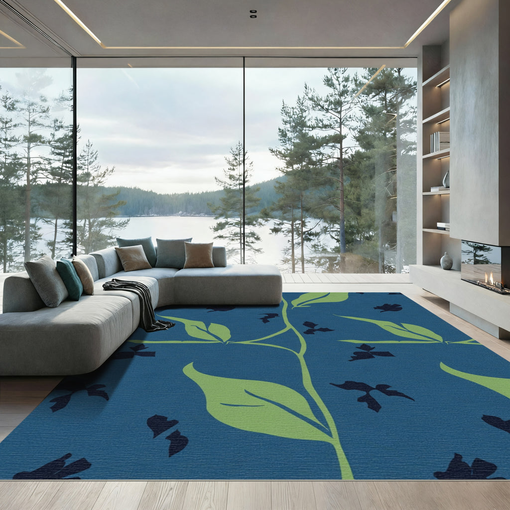 Navy Blue Vine Silhouette Leaf Rug
