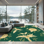 Golden Floral Scatter On Emerald Backdrop Rug