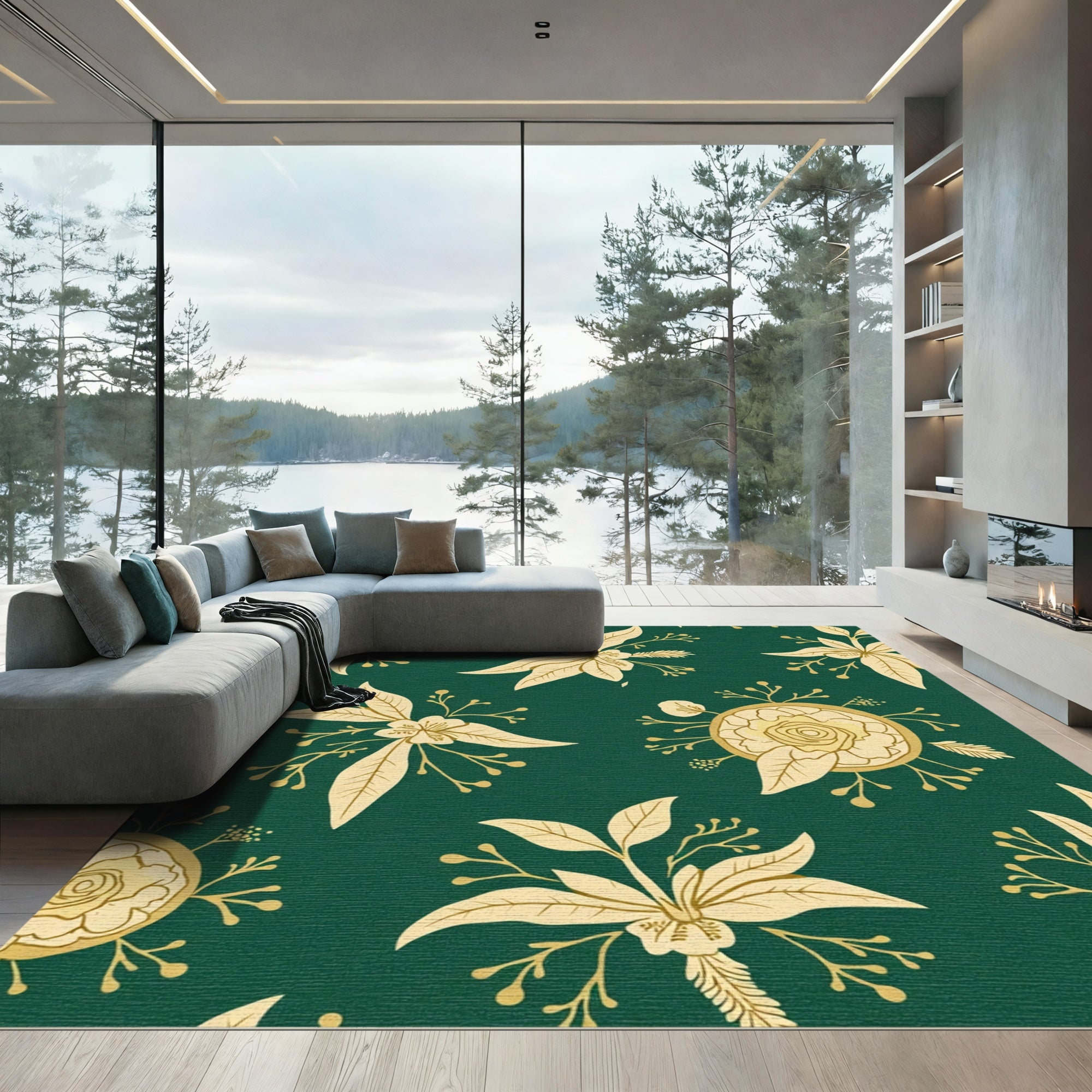 Golden Floral Scatter On Emerald Backdrop Rug