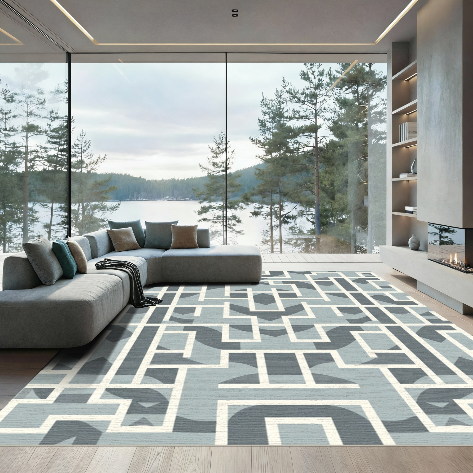 Geometric Maze Blue and Cream Rug