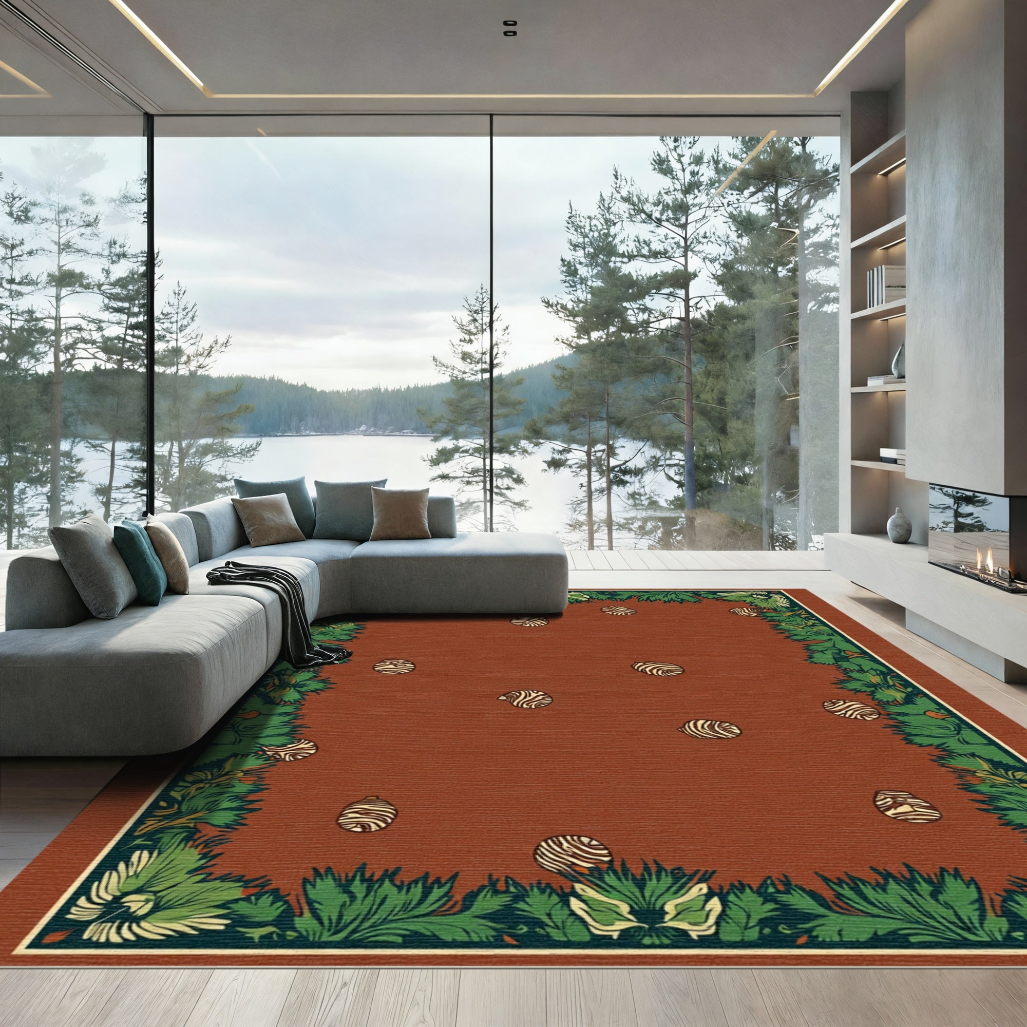 Rustic Terracotta Green Leafy Border Rug