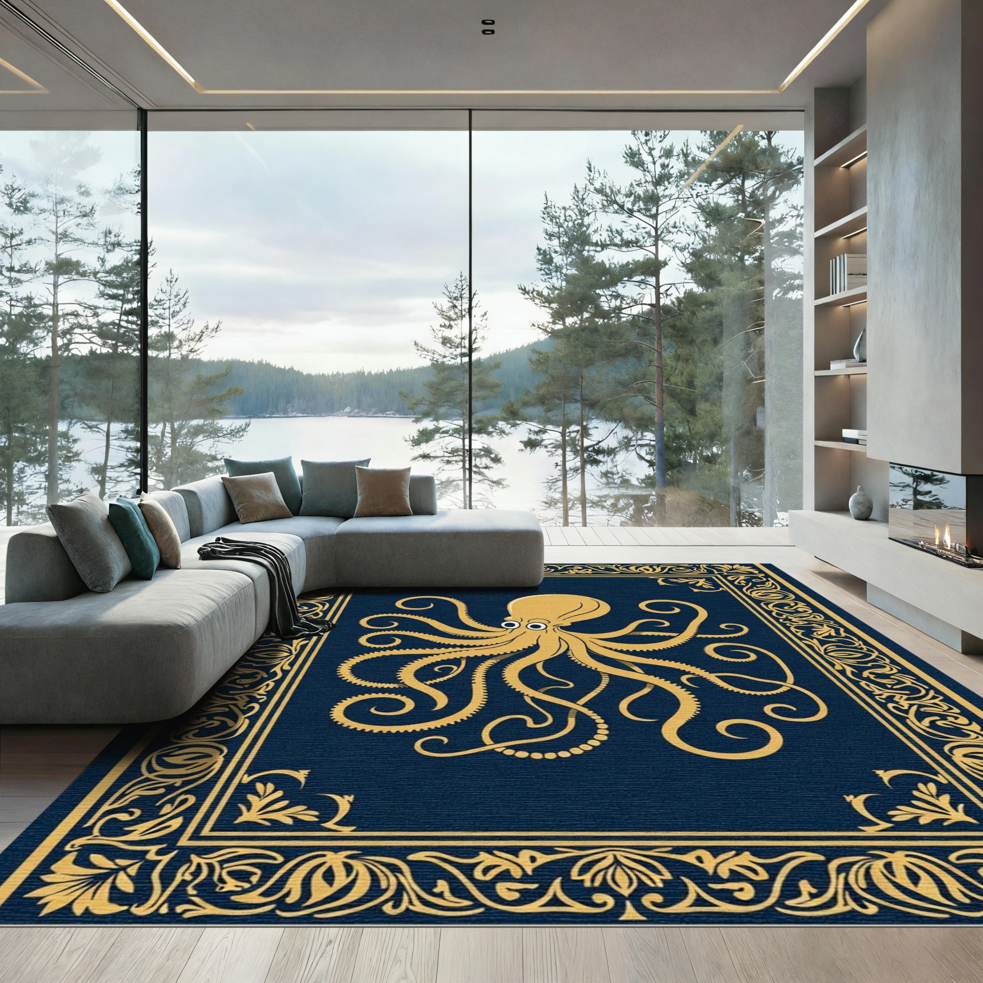 Golden Octopus Navy Ornate Border Rug