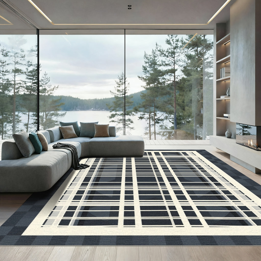 Cream Grid Overlay Dark Background Rug