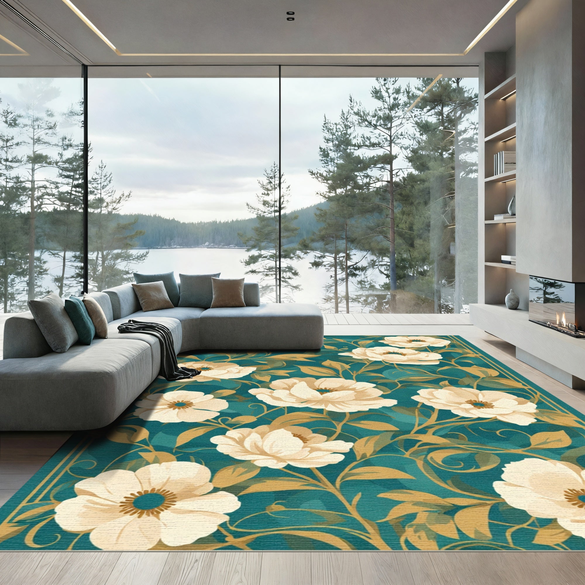 Teal Cream Floral Garden Rug