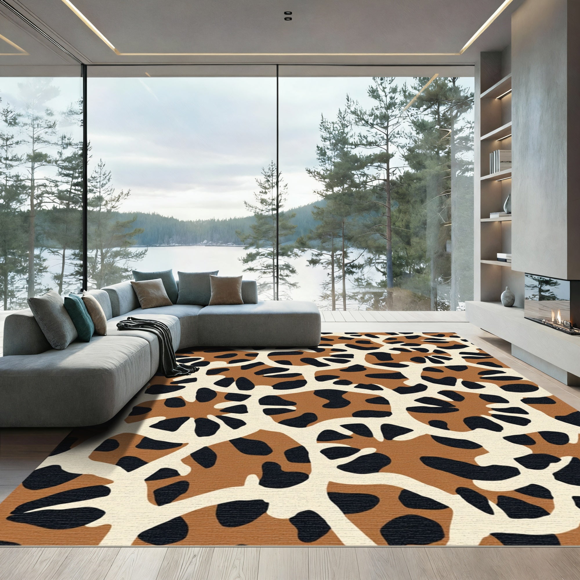 Brown Cream Black Abstract Animal Print Rug