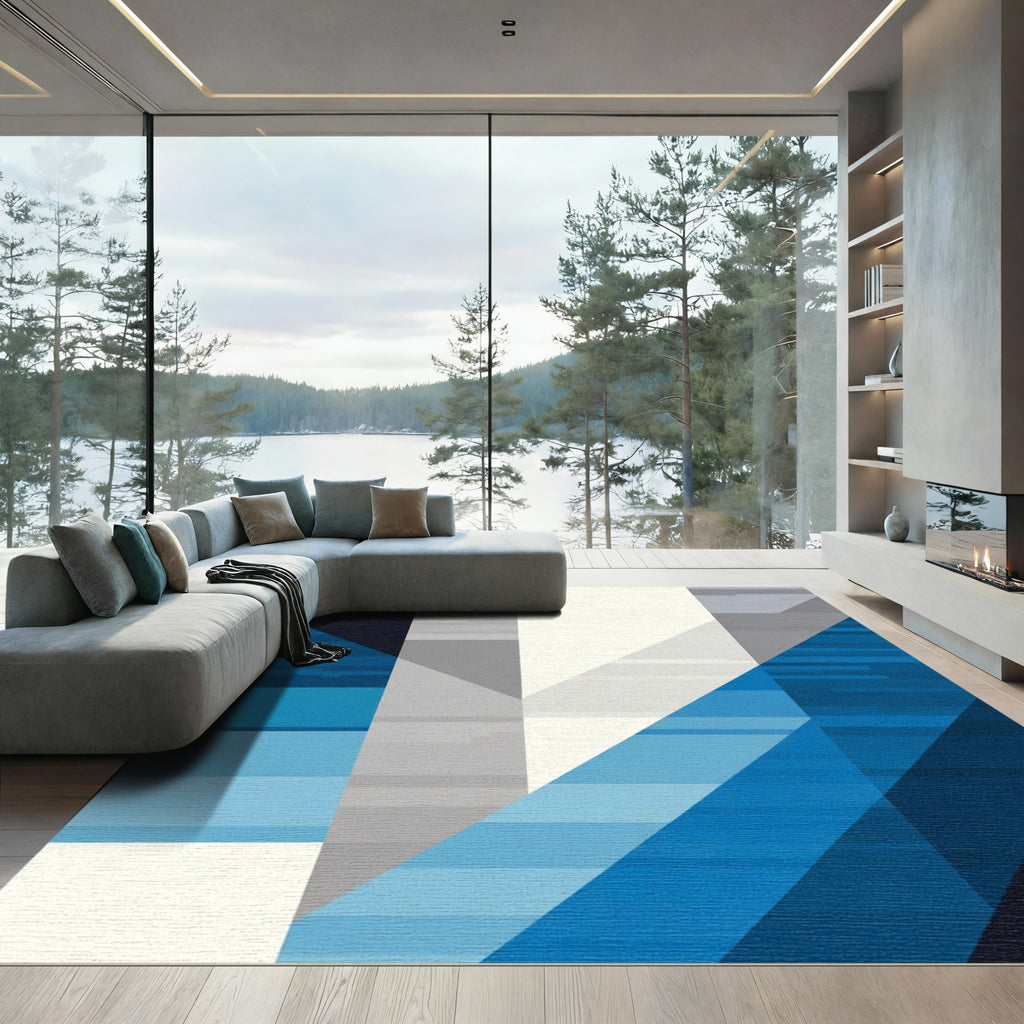 Modern Blue Geometric Abstract Blocks Rug