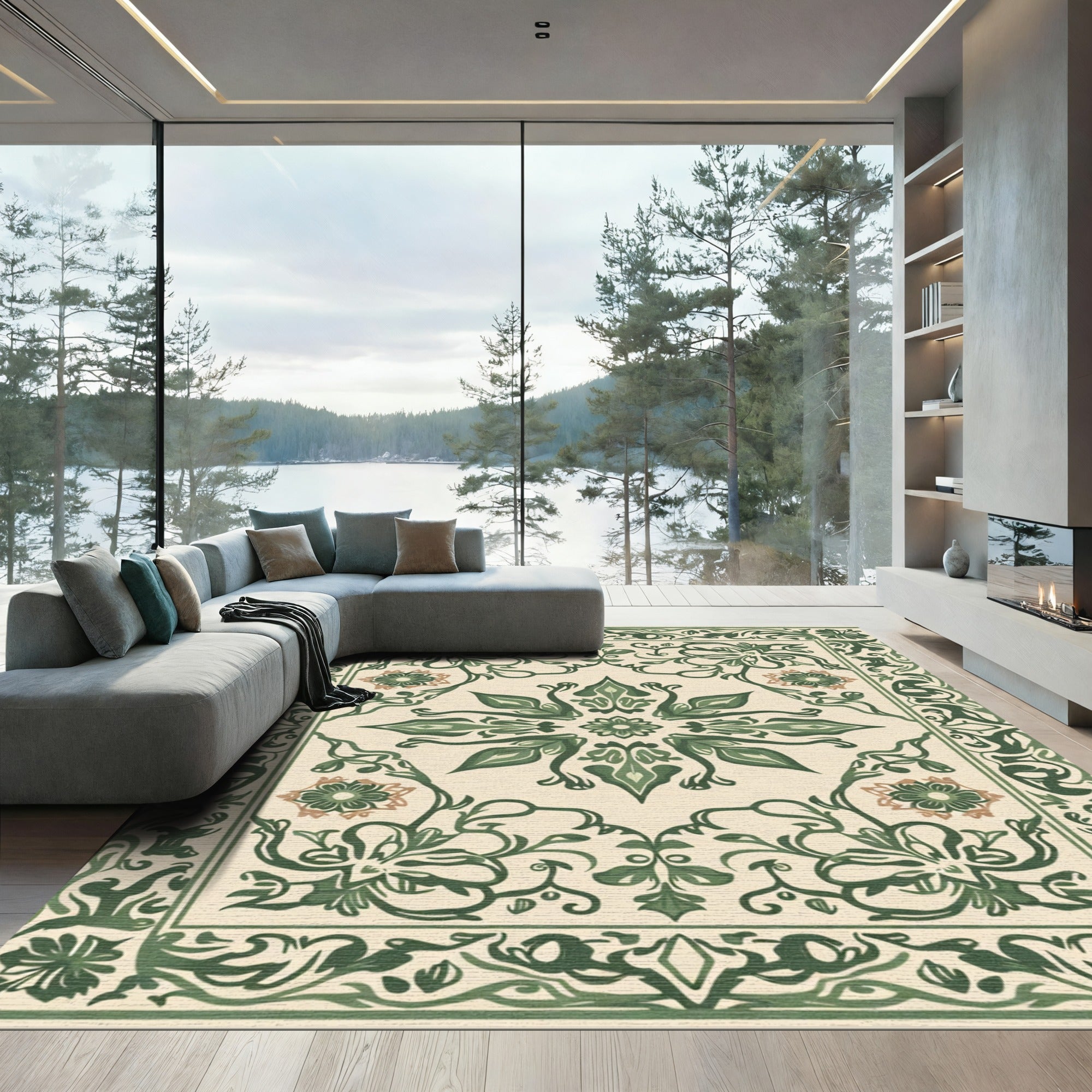 Green Floral Medallion Cream Border Rug
