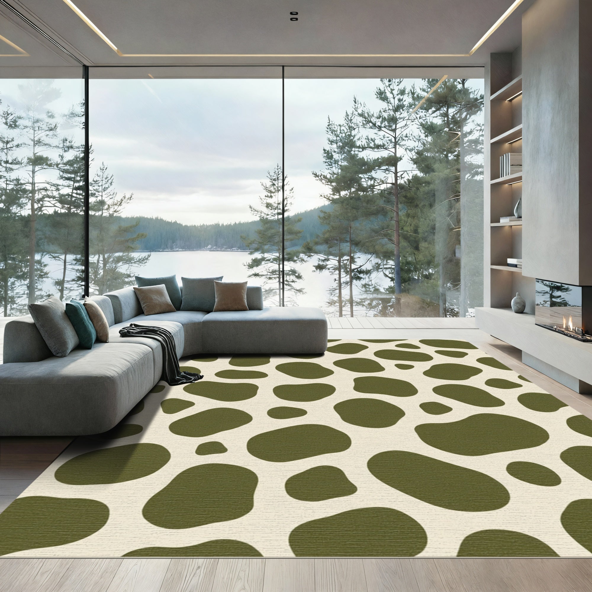 Olive Green Abstract Blob Rug