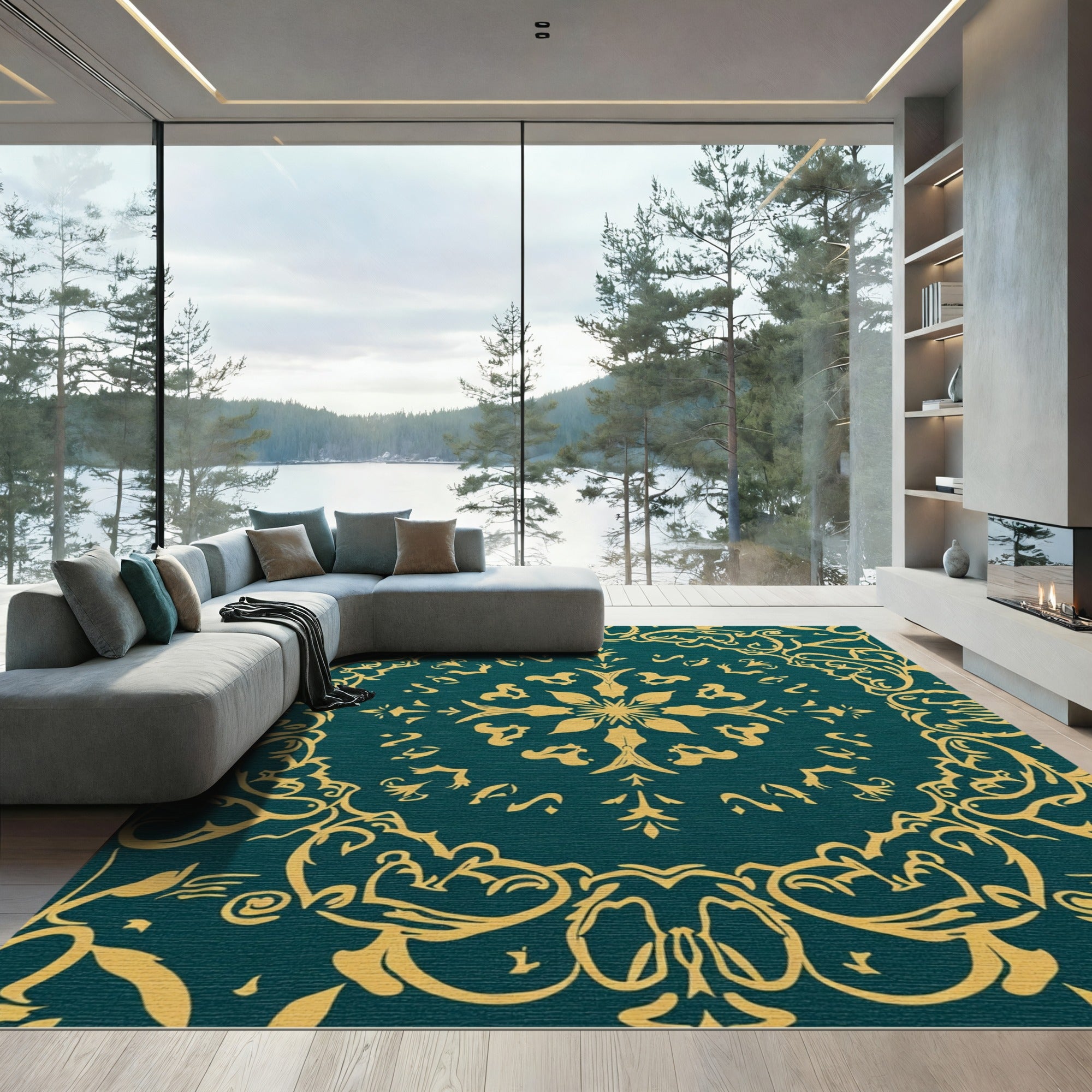 Emerald Golden Scroll Mandala Rug