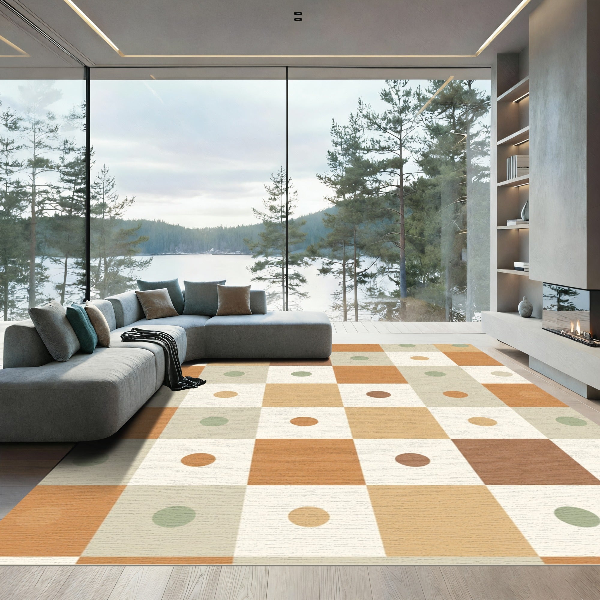 Terracotta Sage Squares Polka Dot Rug