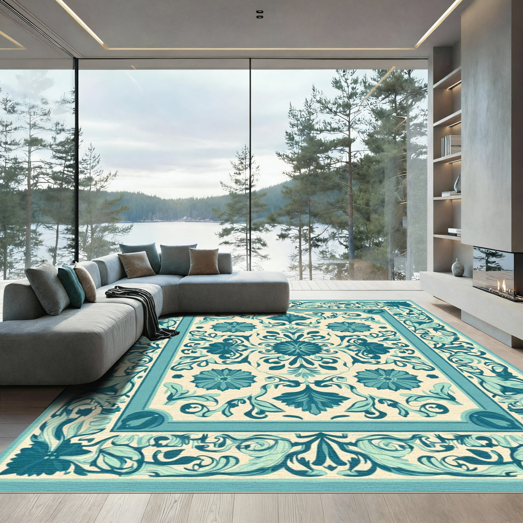 Turquoise Cream Floral Scrollwork Medallion Rug