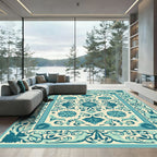 Turquoise Cream Floral Scrollwork Medallion Rug