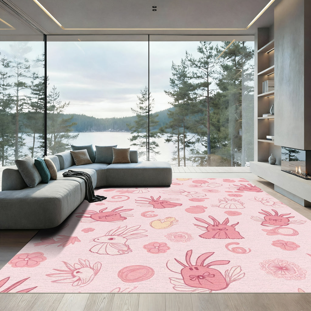 Whimsical Pink Bunny Floral Illustration Rug