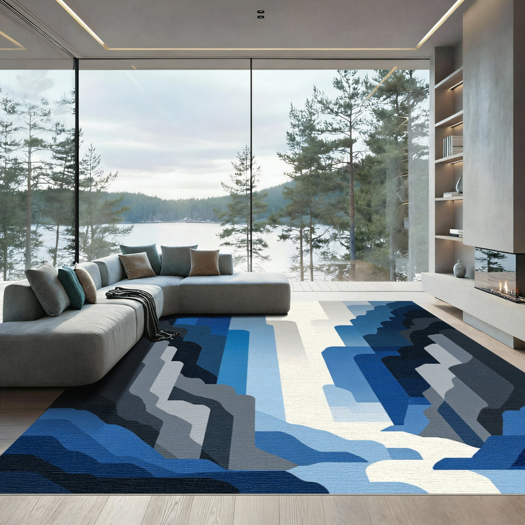 Deep Blue Layered Waterfall Landscape Rug