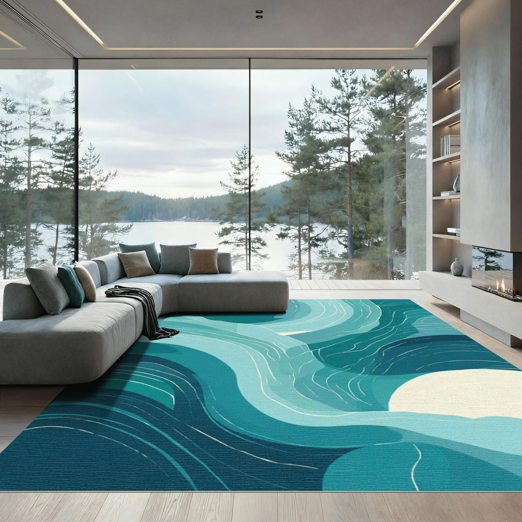 Teal Swirl Abstract Ocean Wave Rug
