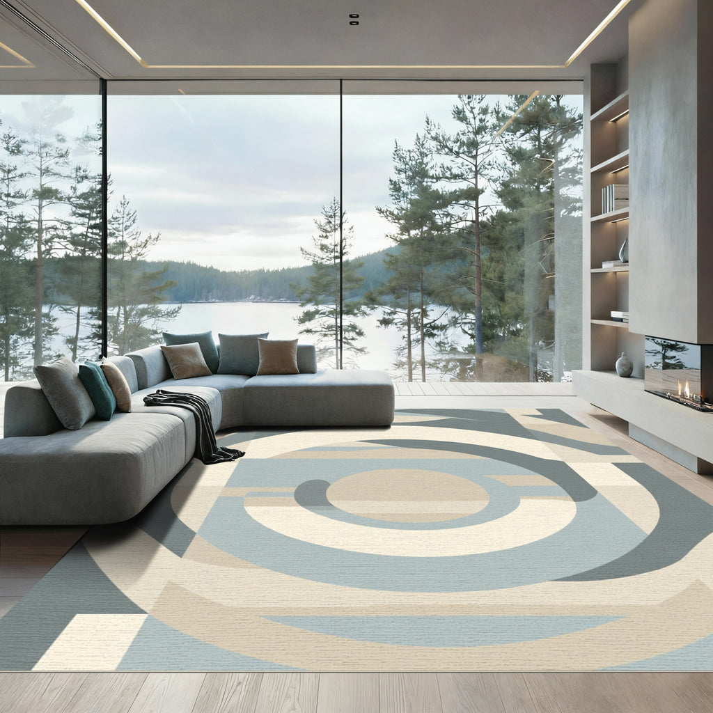 Soft Blue Cream Geometric Arch Swirls Rug