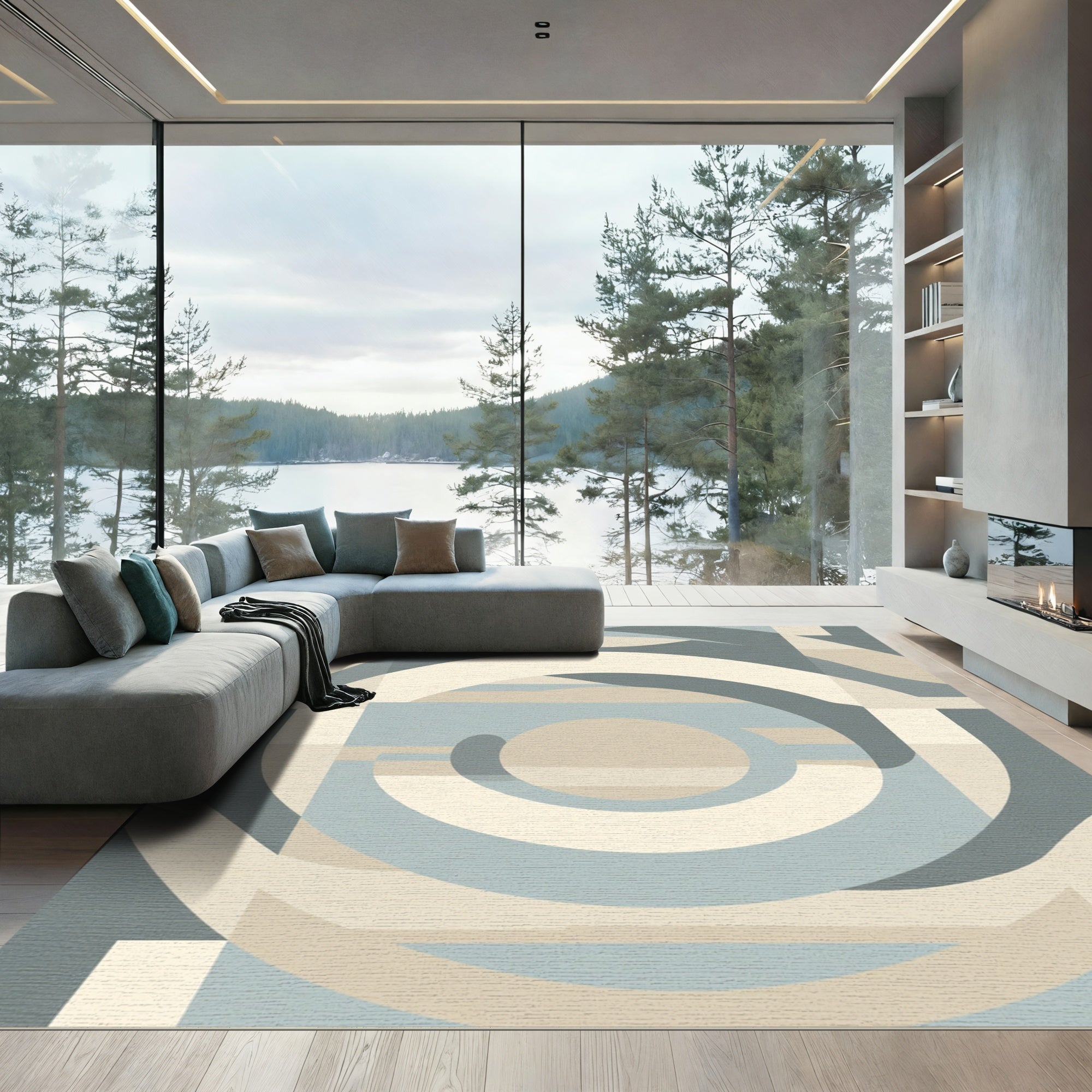 Soft Blue Cream Geometric Arch Swirls Rug