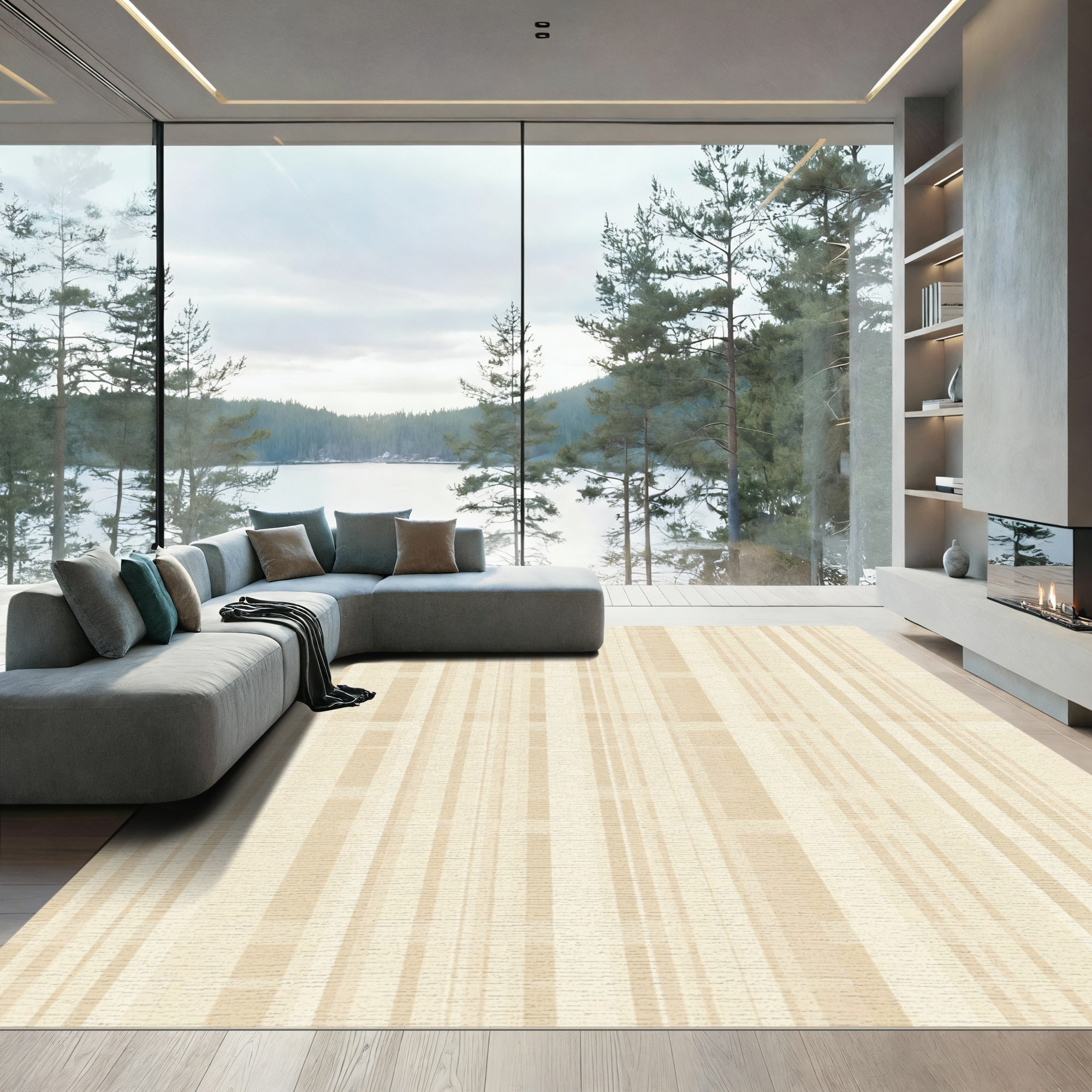 Soft Beige Vertical Stripe Grid Rug