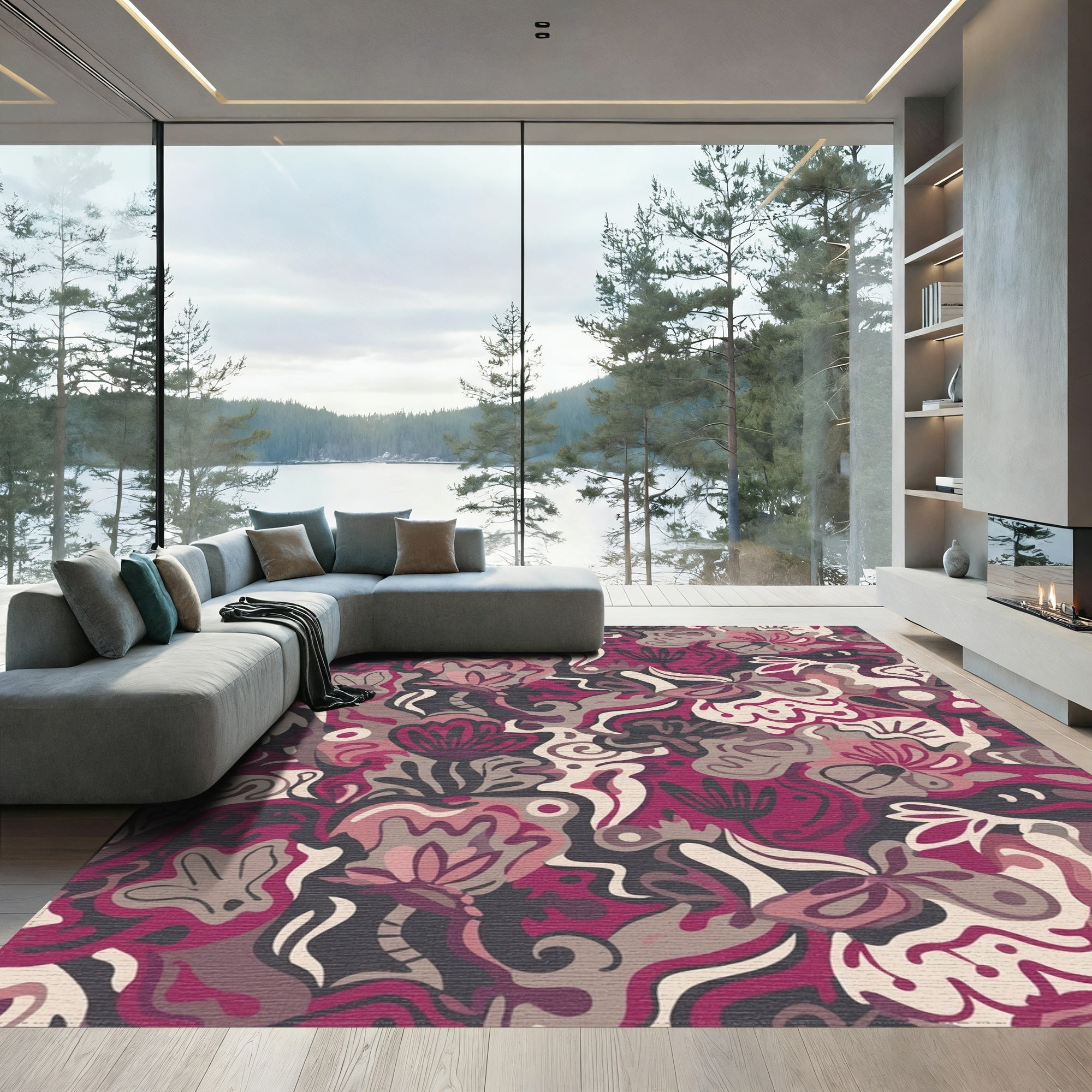 Bold Plum Floral Swirl Abstract Rug