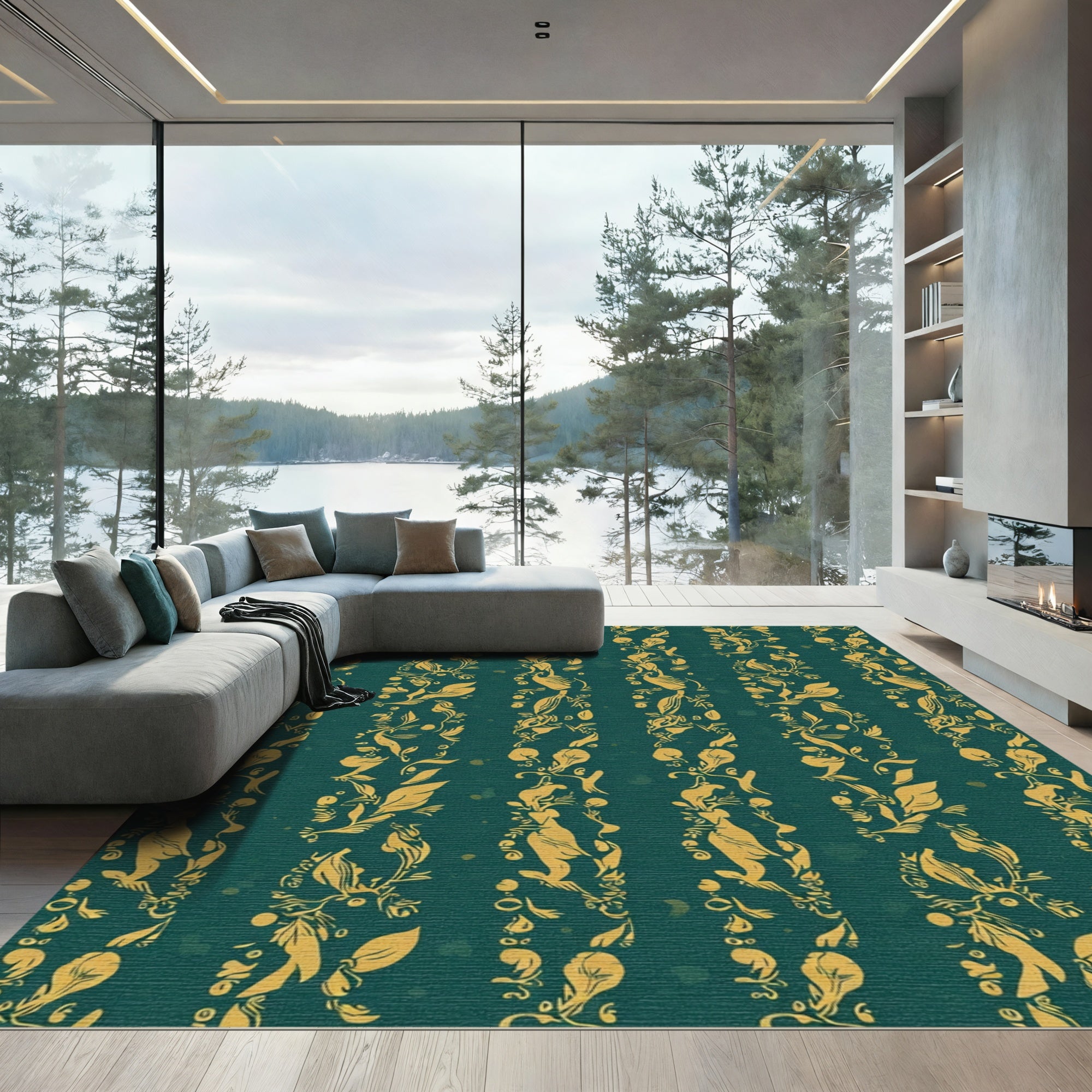 Gold Floral Garlands on Teal background Rug