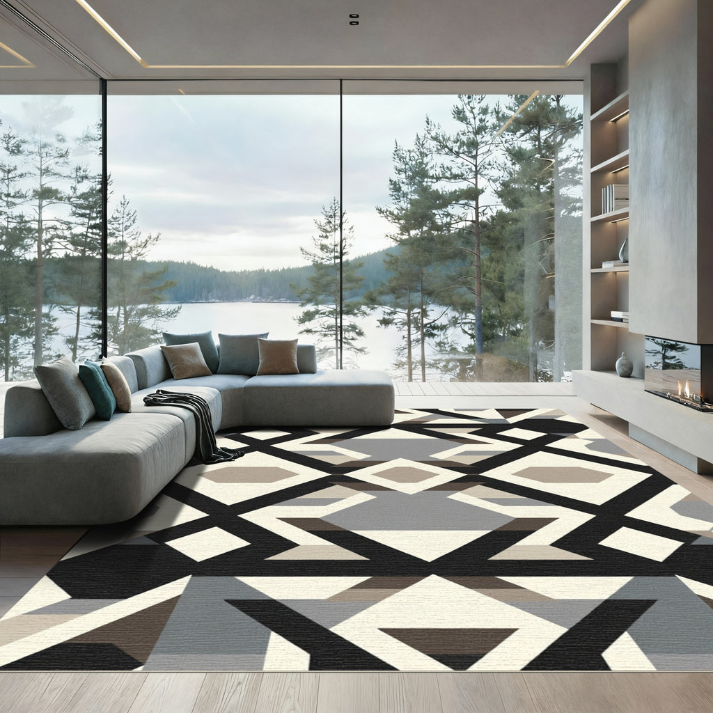 Geometric Brown Black Cream Diamond Repeat Rug