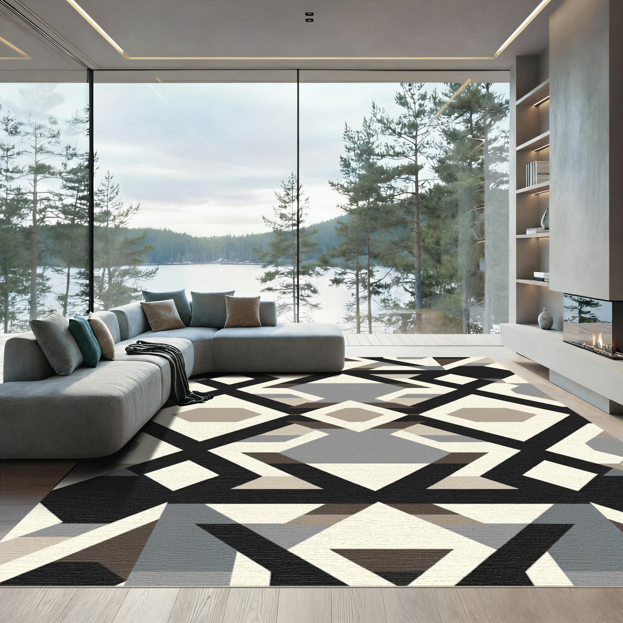 Geometric Brown Black Cream Diamond Repeat Rug