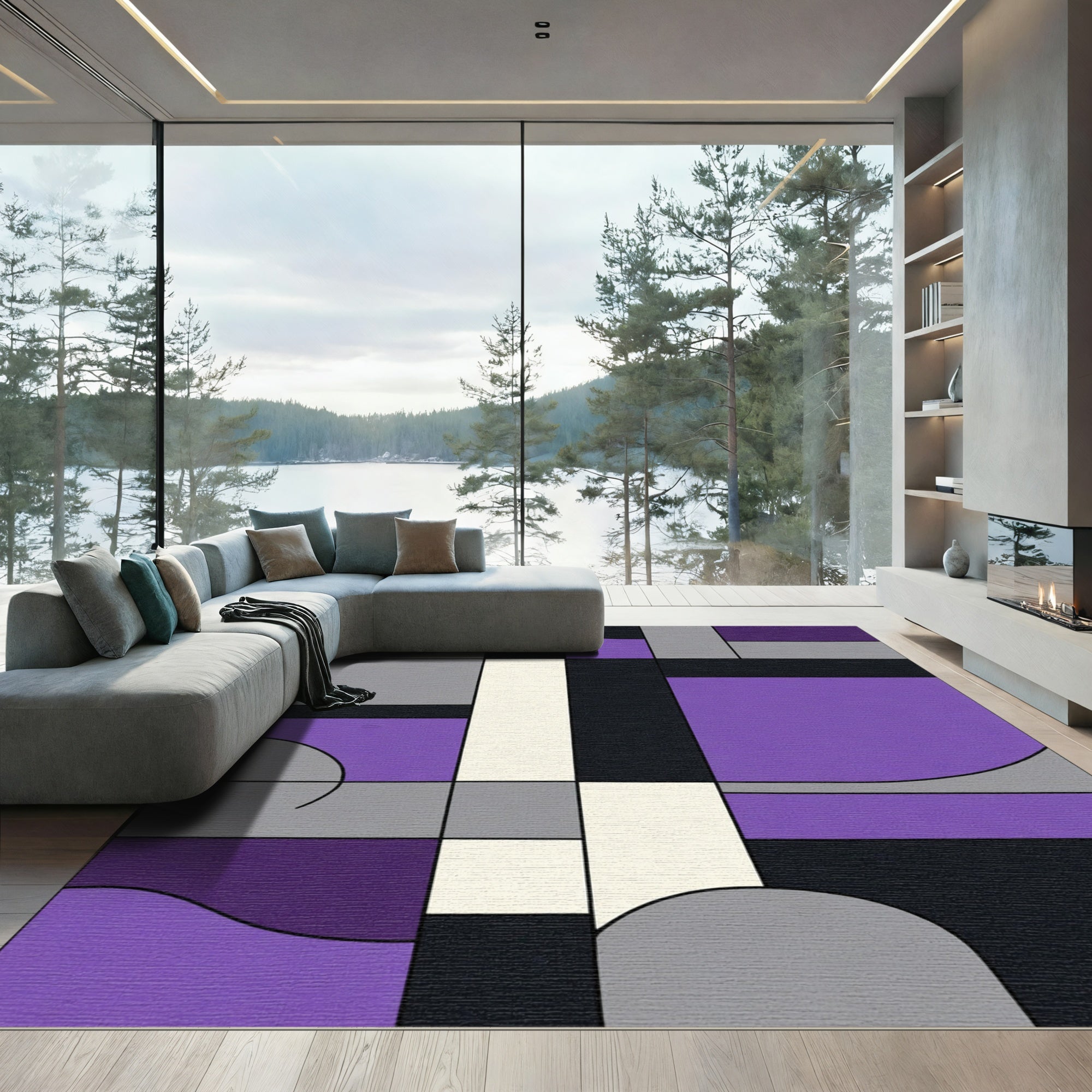 Modern Abstract Purple Gray Geometric Forms Rug