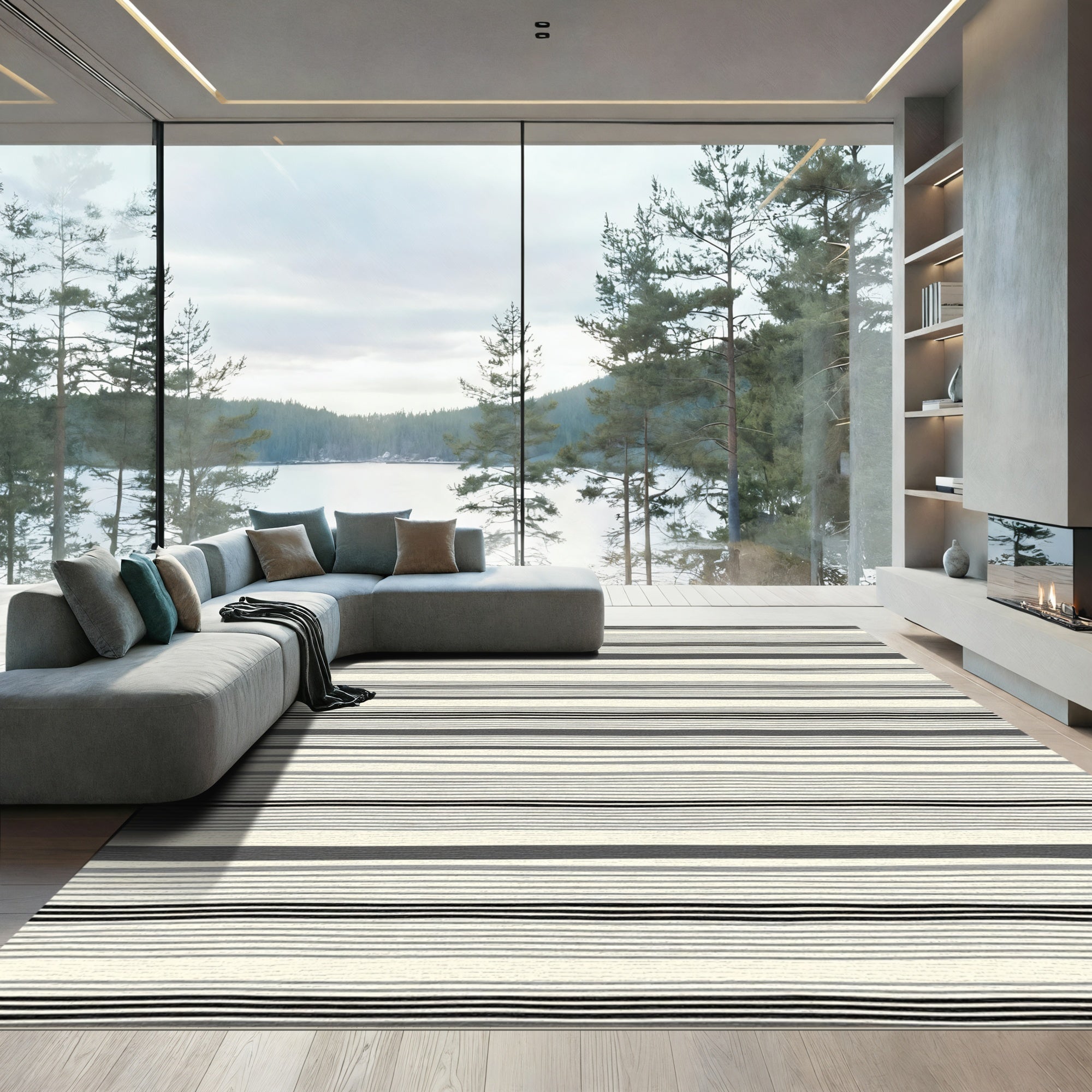 Muted Gray Black Horizontal Stripe Rug