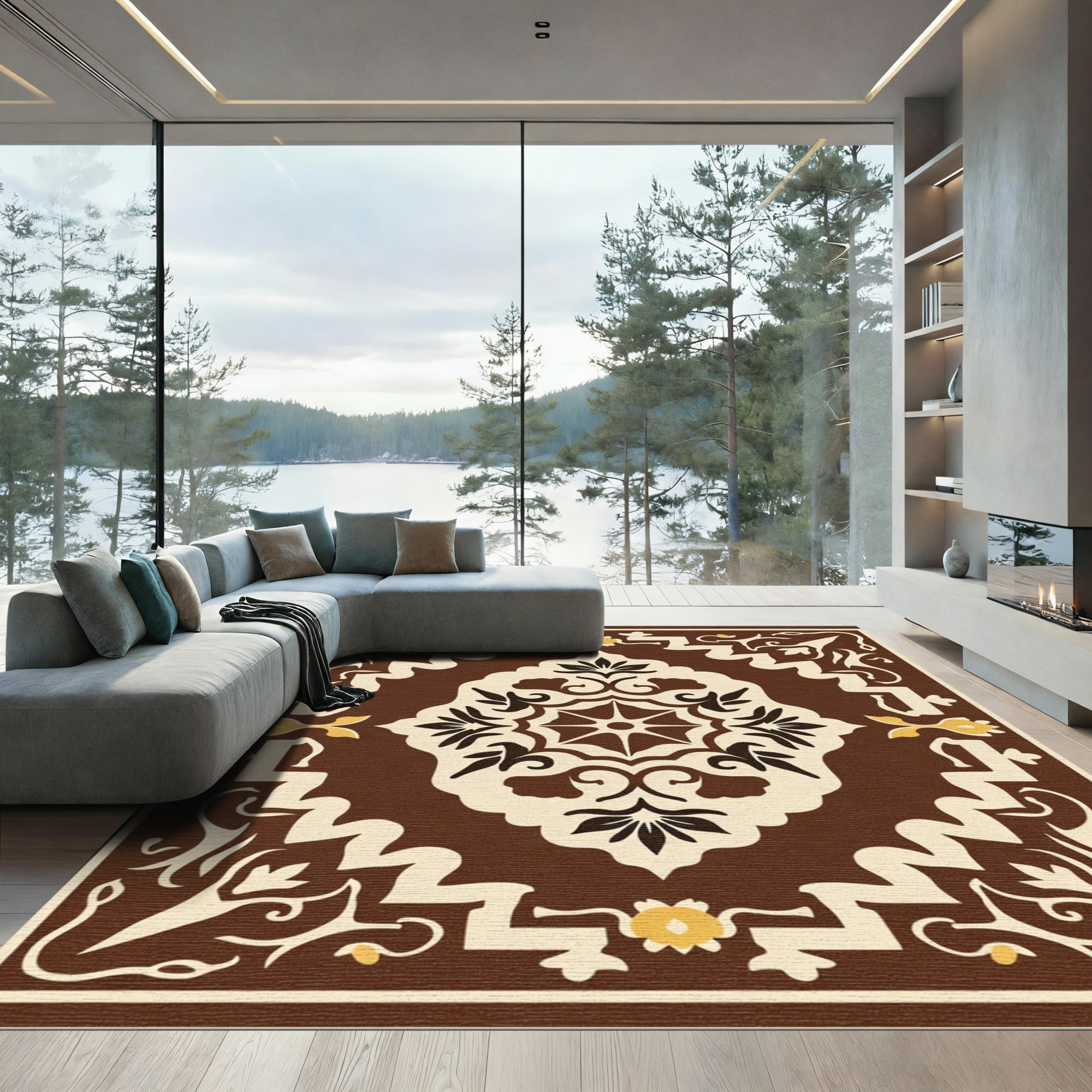 Brown Cream Yellow Medallion Floral Rug