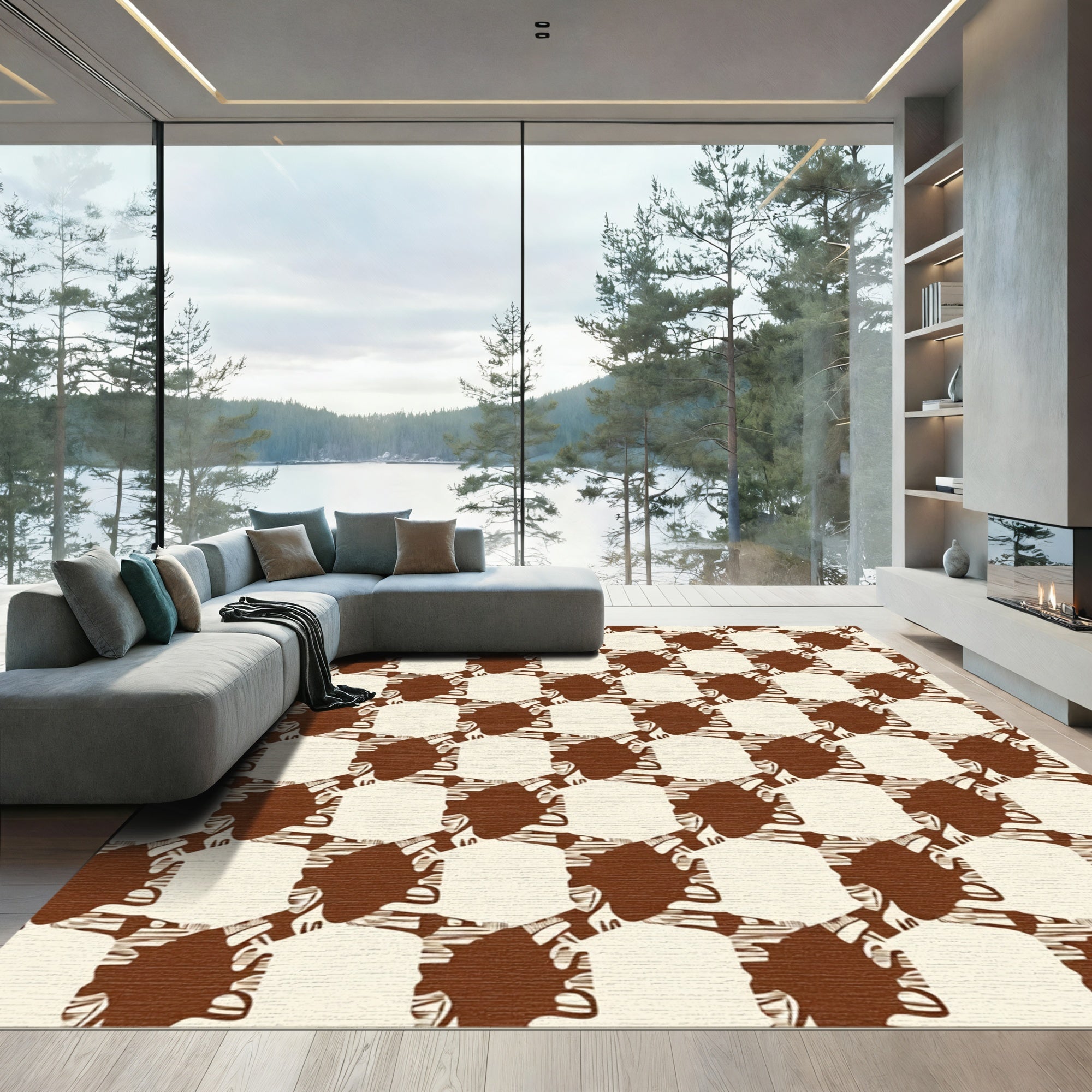Brown White Cubes Distorted Pattern Rug